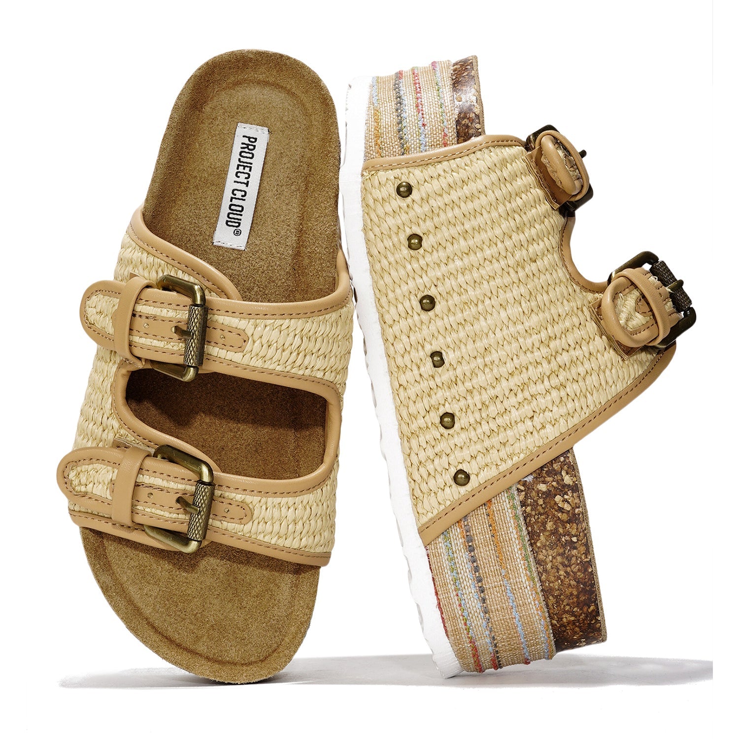 Project Cloud Oliy Platform Sandals for Women. Beige woven raffia and cork wedge with adjustable straps.