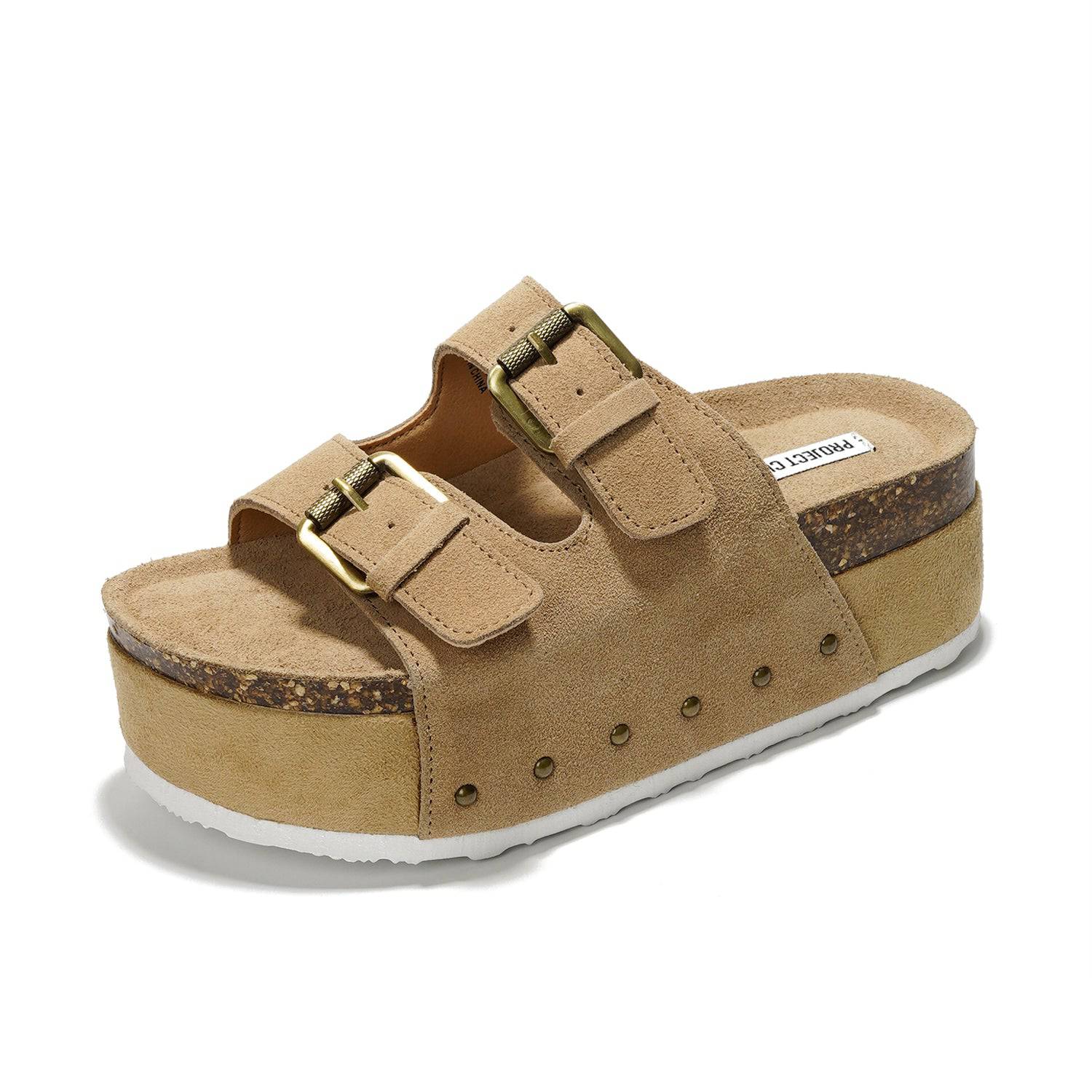Project Cloud Oliy Women's Platform Sandals. Suede leather, cork wedge, and adjustable brass buckles.