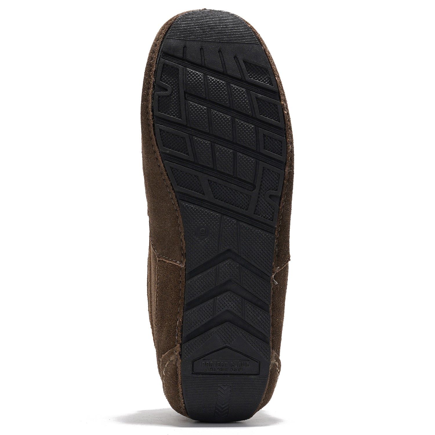 Project Cloud Oswin brown suede slipper outsole. Non-slip rubber sole with branding.