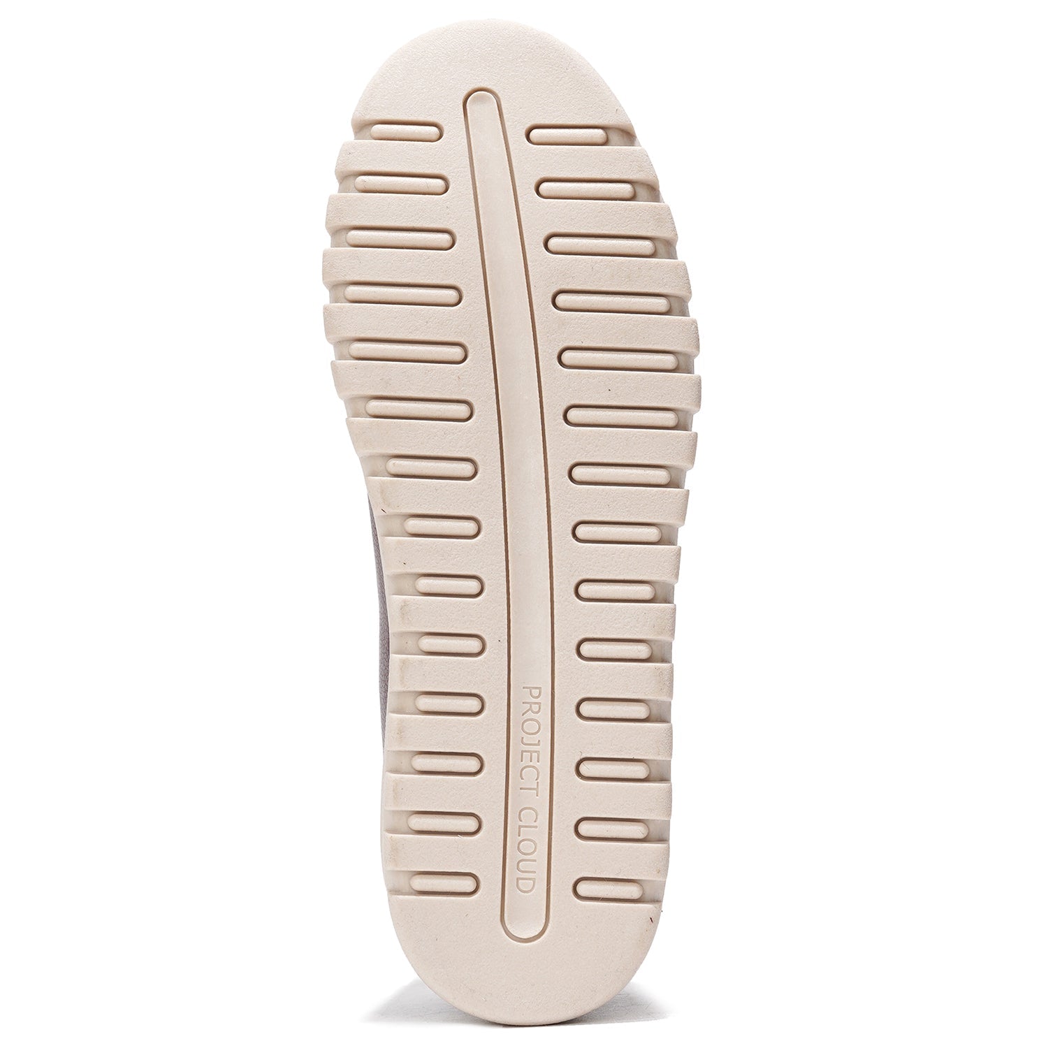 Project Cloud tennis shoes non-slip sole detail. Beige rubber sole for women's platform sneakers.