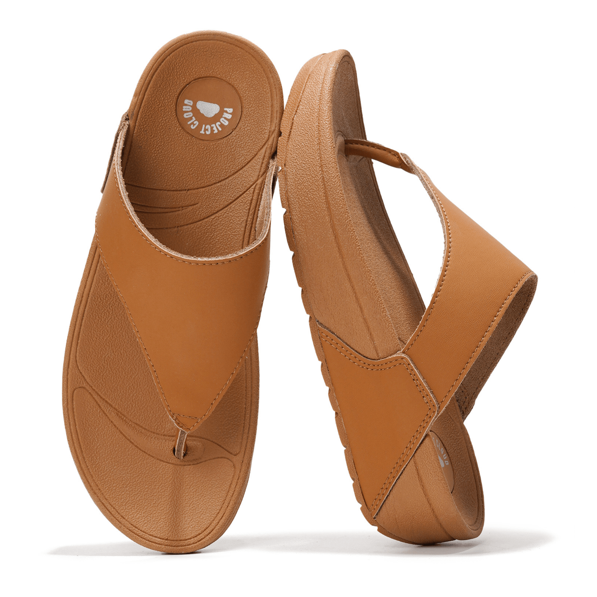Project Cloud Arlee women's leather thong sandals in brown, memory foam, non-slip sole
