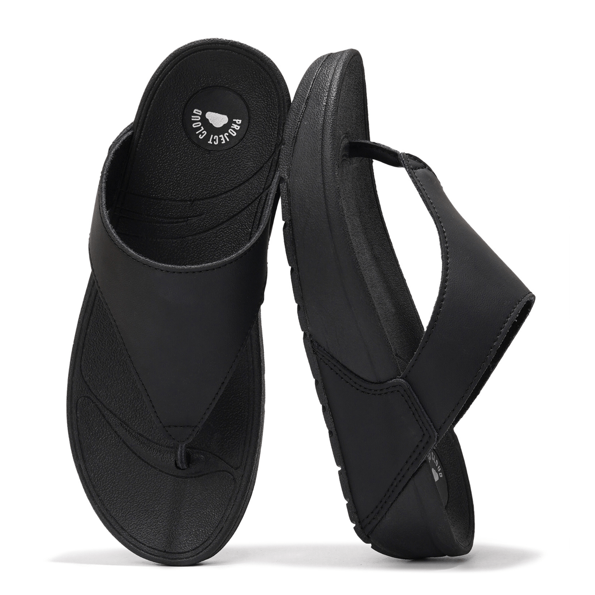 Project Cloud Arlee Women's Black Leather Thong Sandals, Memory Foam, Non-Slip Sole