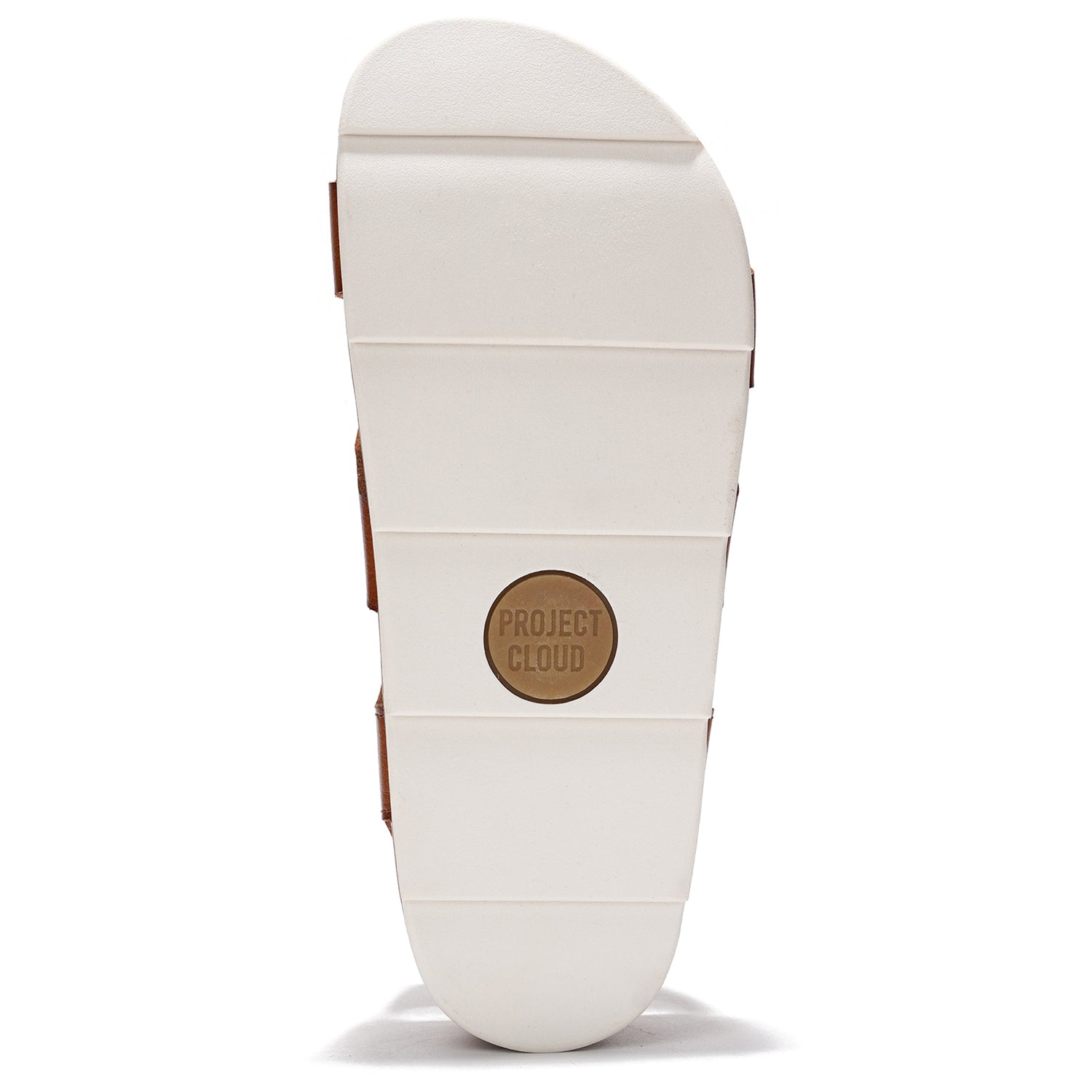 Project Cloud white platform sandal sole detail. Features a non-slip sole with brown accents and the Project Cloud logo.