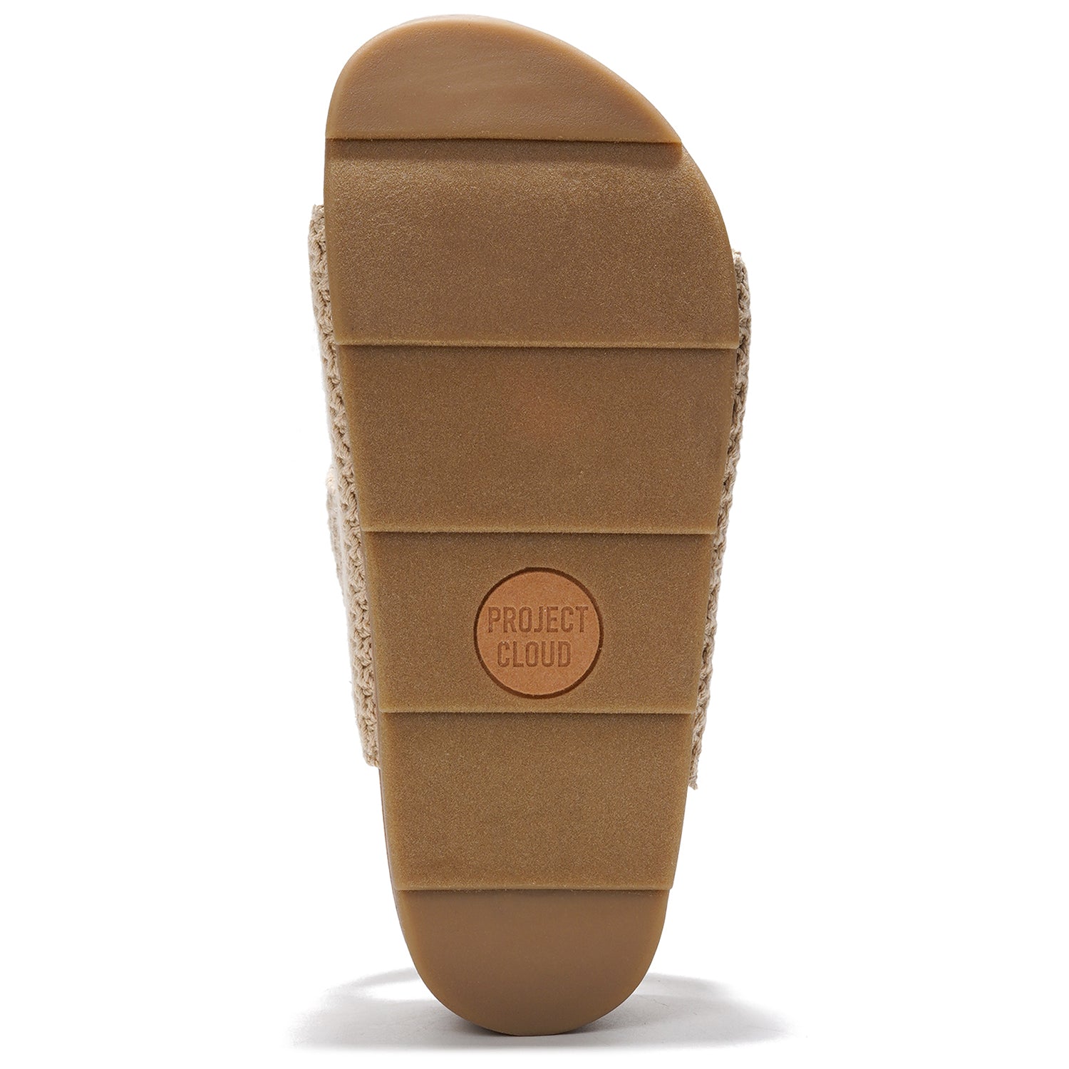 Project Cloud Prime sandal sole detail. Beige platform with non-slip sole and brand logo.
