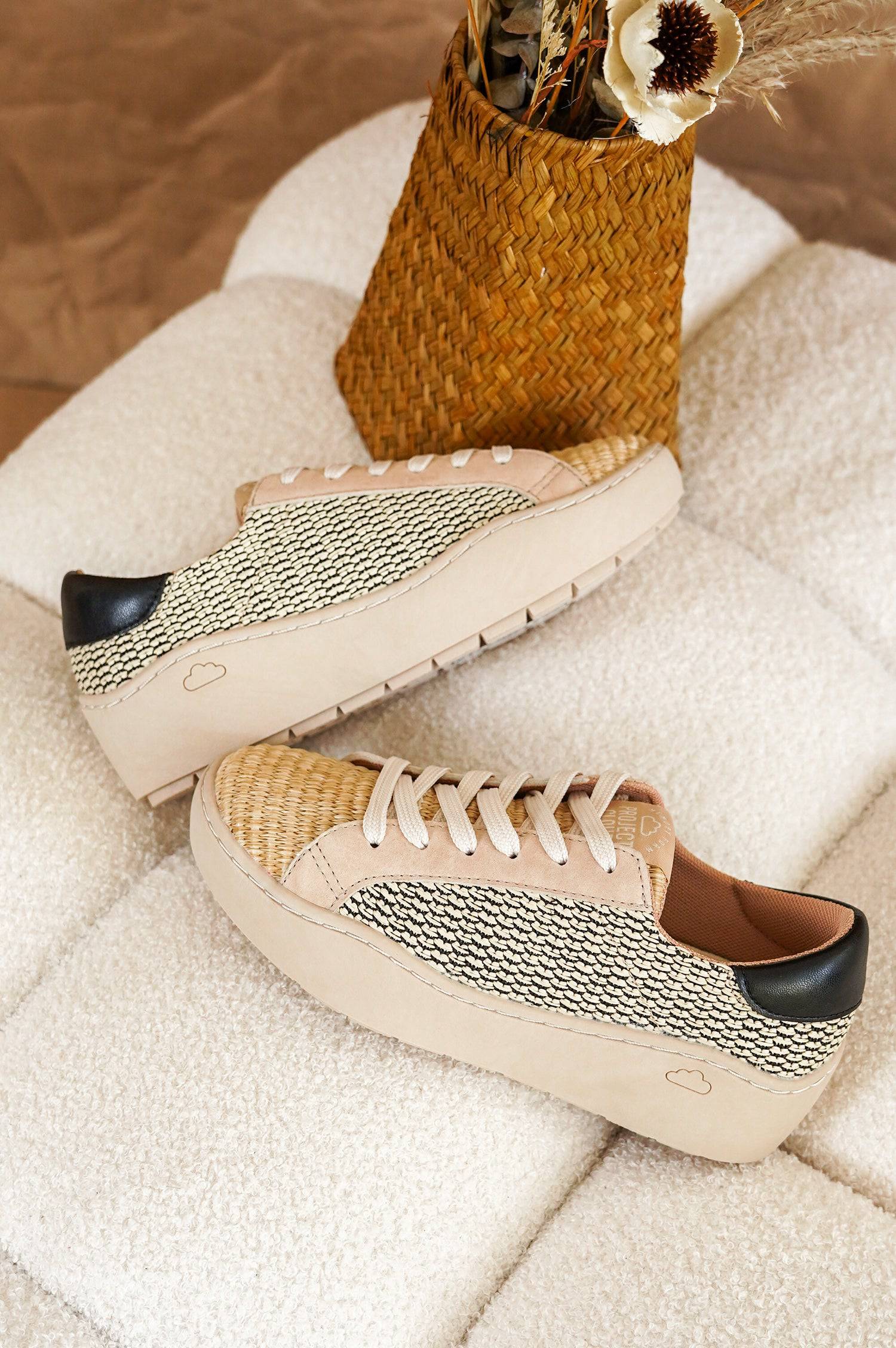 Bossy platform sneakers by Project Cloud: woven and suede design, beige sole, lace-up. Women's stylish, comfortable footwear.