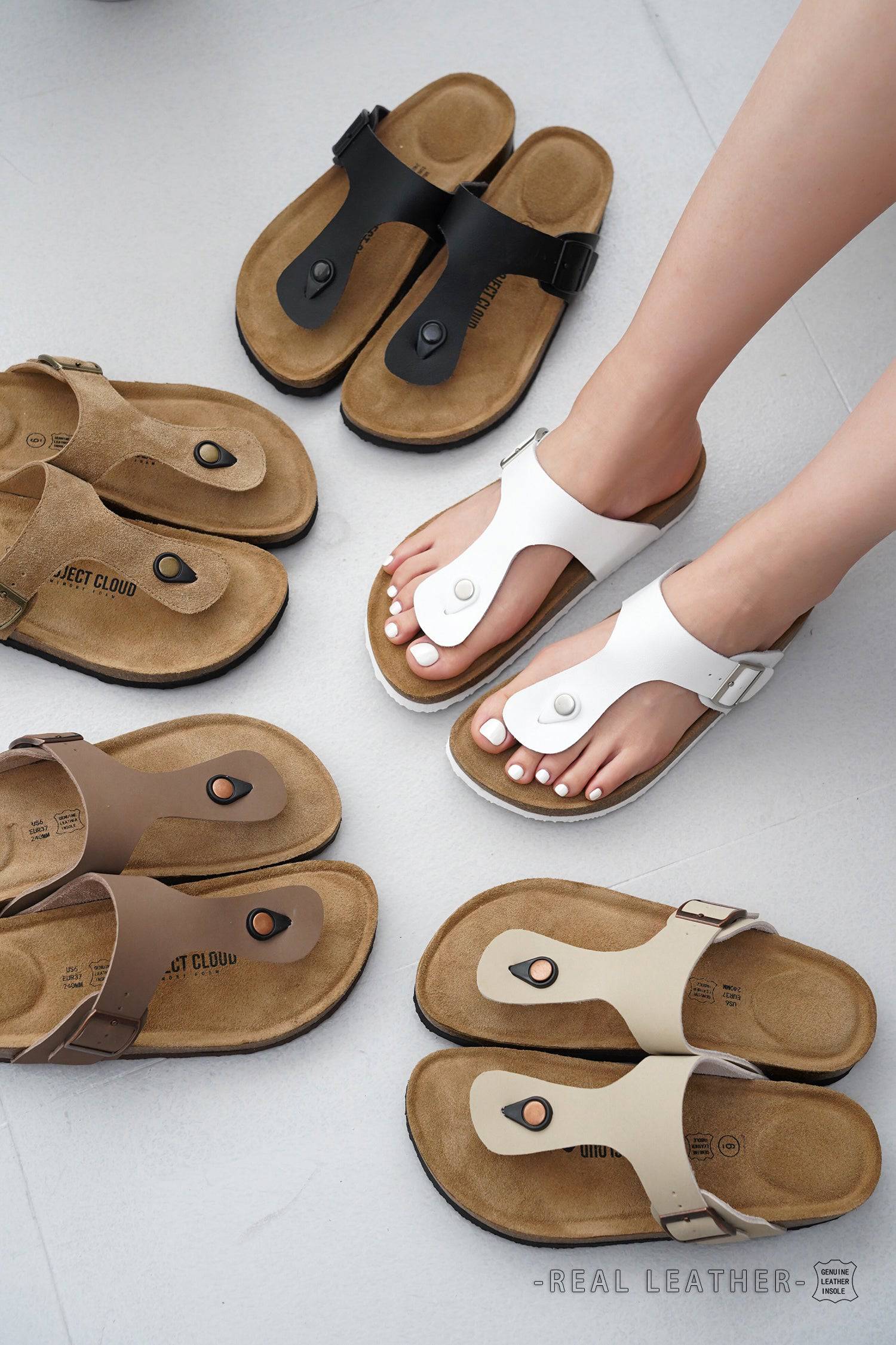 Project Cloud Britani leather thong sandals, adjustable buckle, cork footbed, beach style, REAL LEATHER.