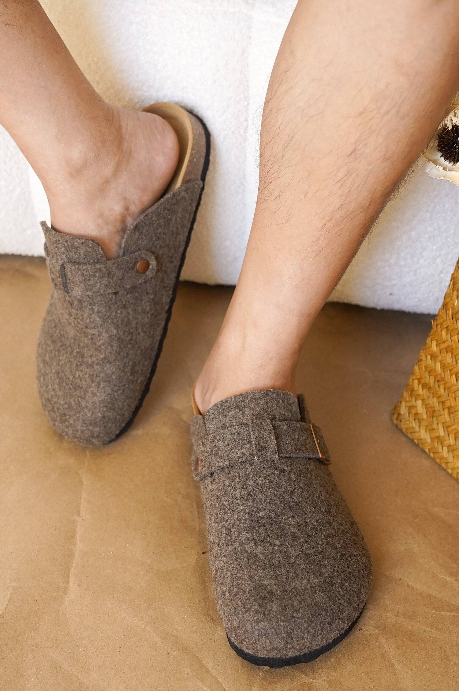 Men's Brooklyn clogs in gray felt, showcasing buckle detail, cork footbed, and comfortable design for all-day wear