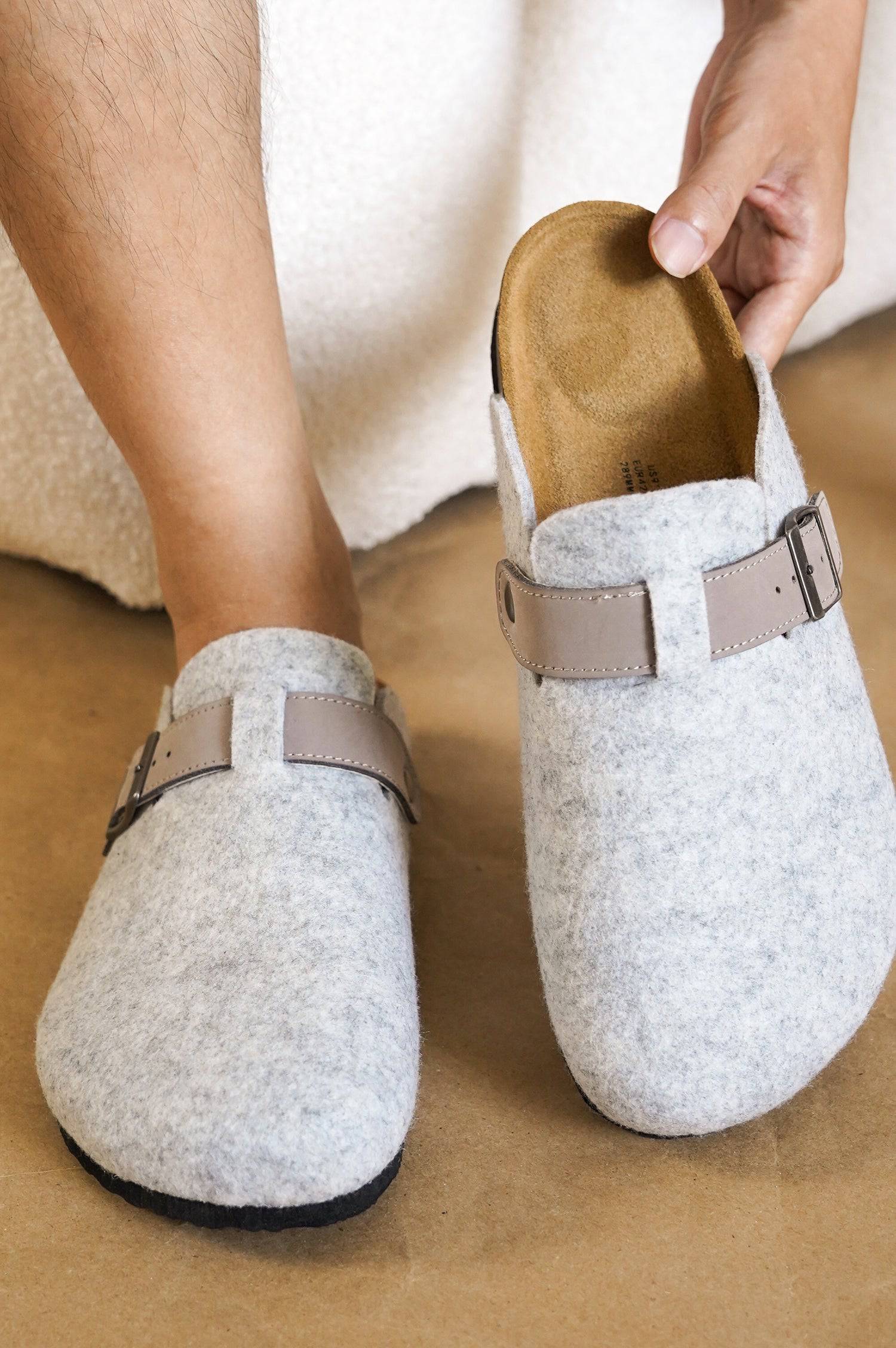 Gray felt Brooklyn clogs for men with buckle detail, cork footbed, memory foam for comfort.