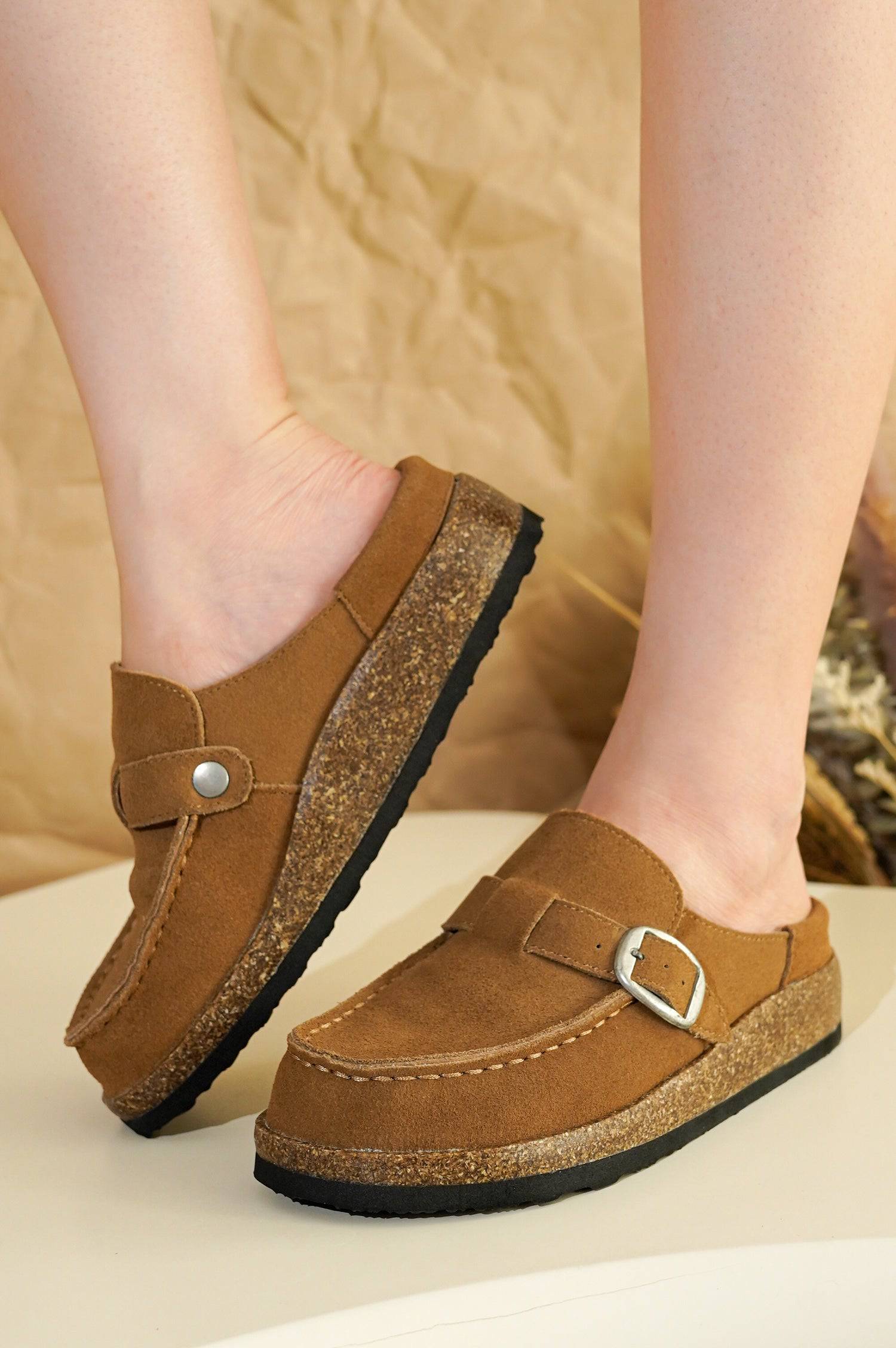 Project Cloud Carline Brown Suede Clogs for Women with Buckle Detail and Cork Sole
