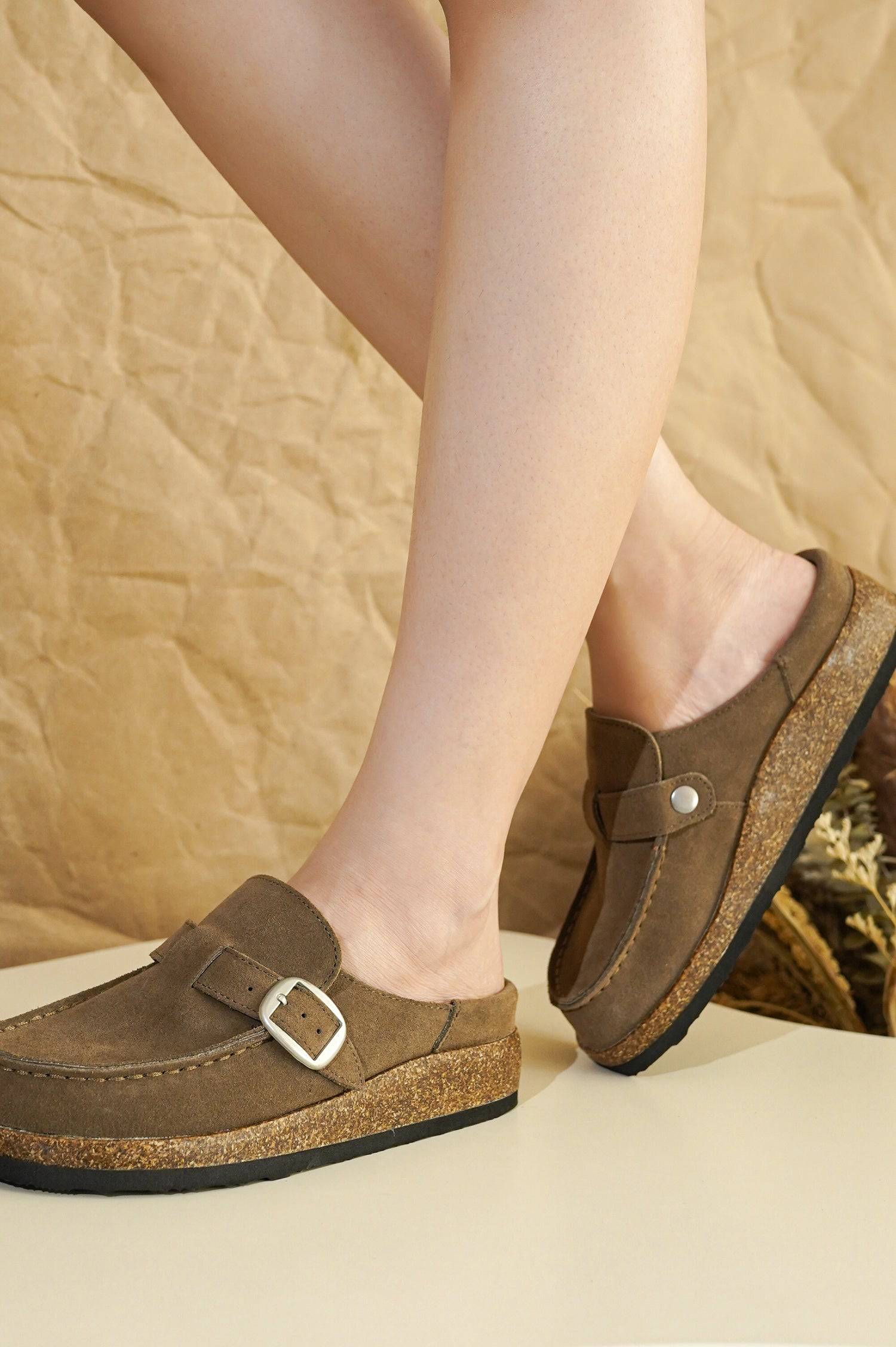 Project Cloud Carline Women's Clogs in Brown Suede with Buckle Detail and Cork Sole