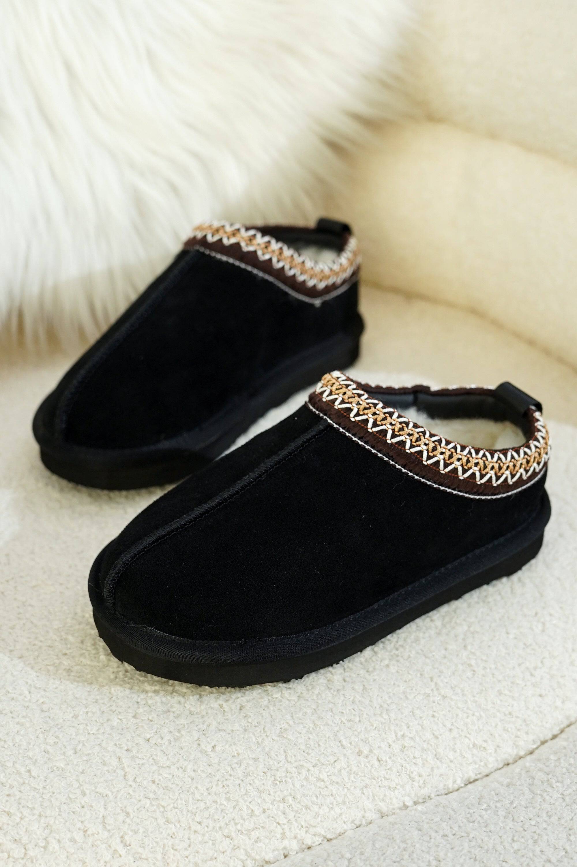 Black Project Cloud Kids' Shearling Slippers with decorative trim