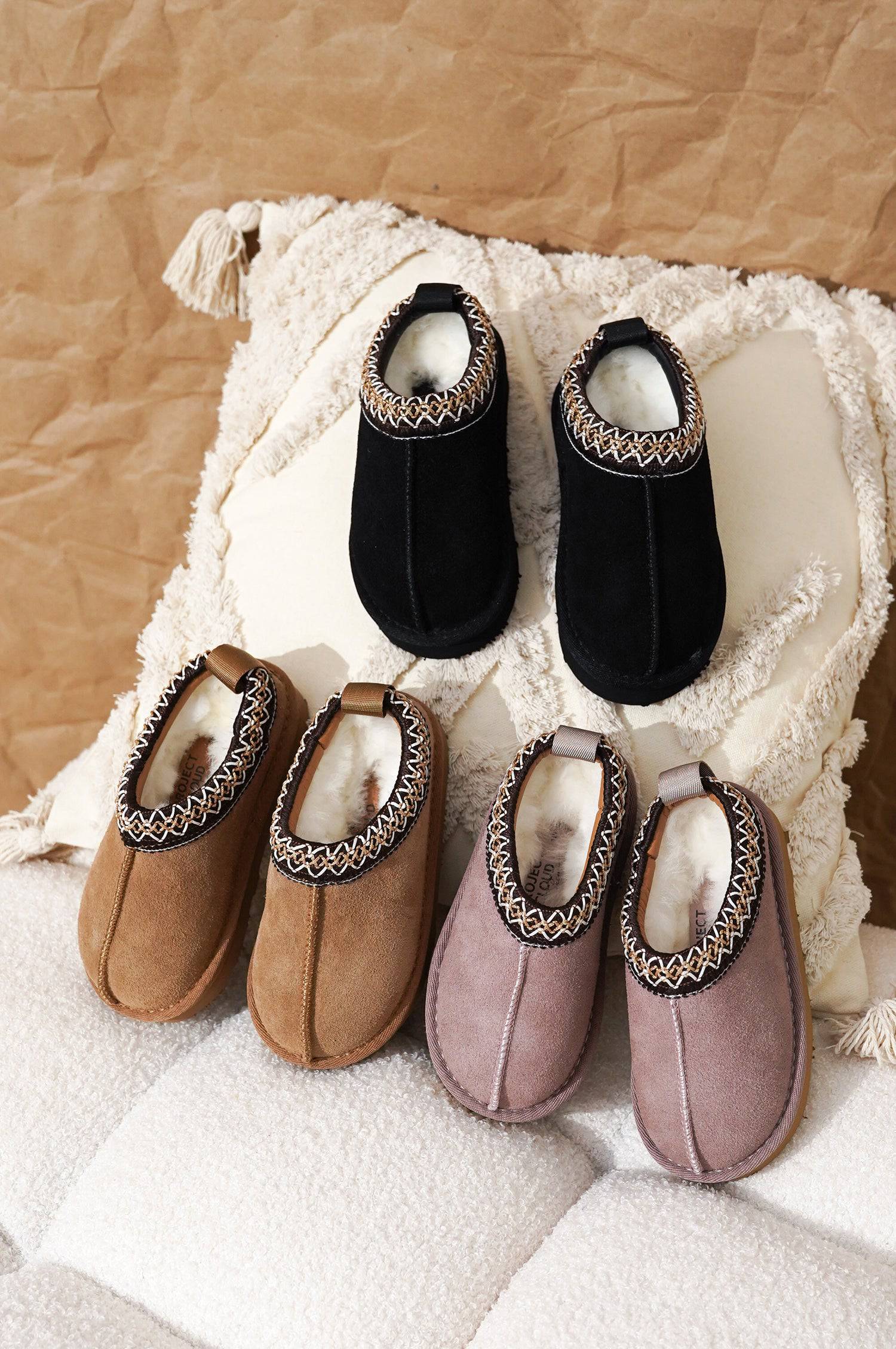 Kids' Project Cloud Dream Warm shearling slippers in multiple colors, featuring Australian shearling and non-slip soles.