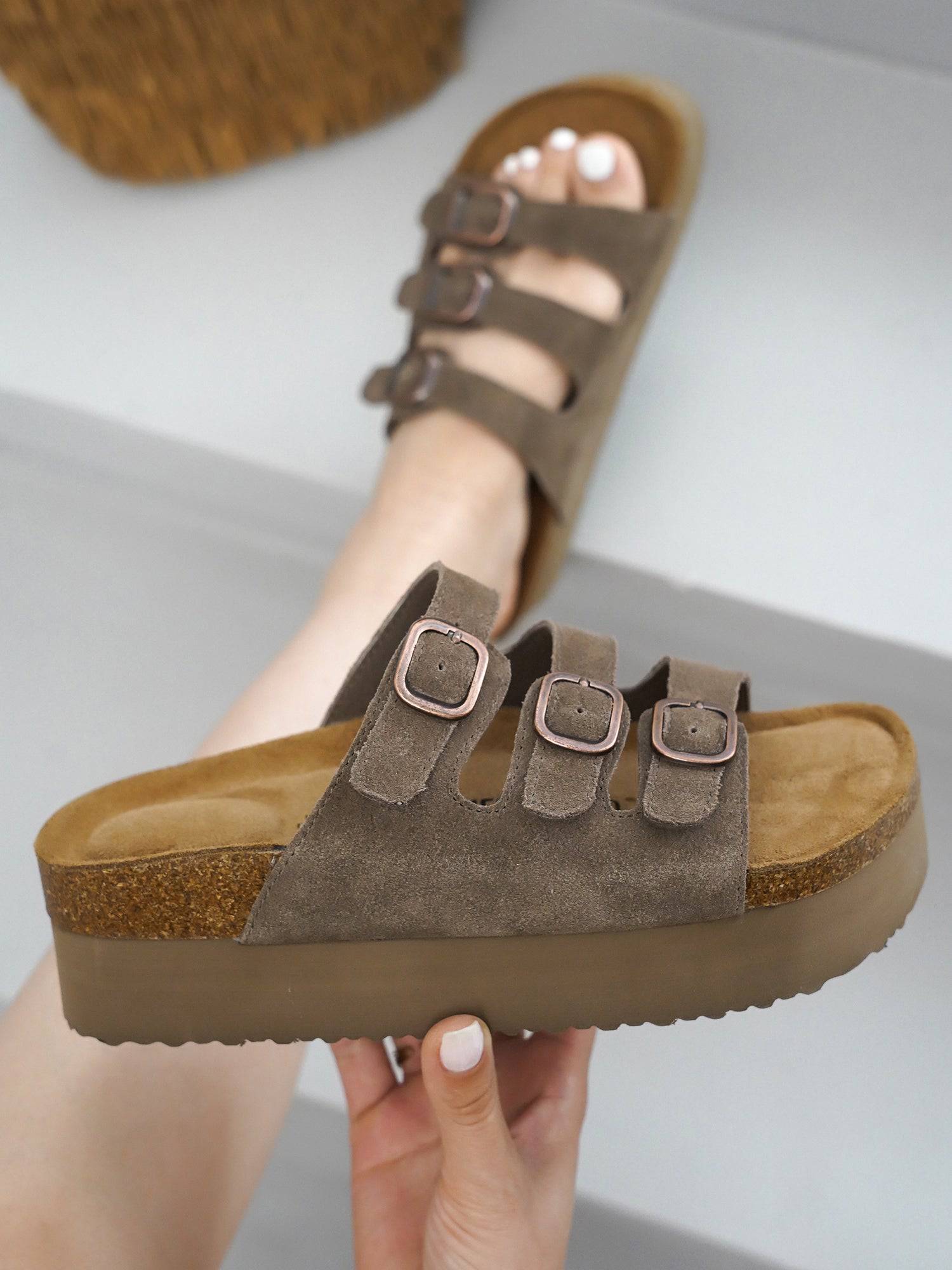 Project Cloud Dyan suede platform sandals with adjustable buckle straps, taupe color, cork footbed.