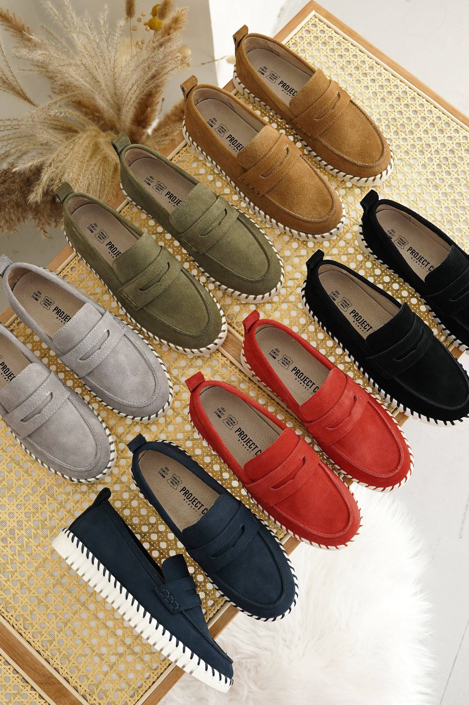 Project Cloud Filide loafers for women in multiple colors: brown, green, grey, red, black, and navy suede, memory foam insole
