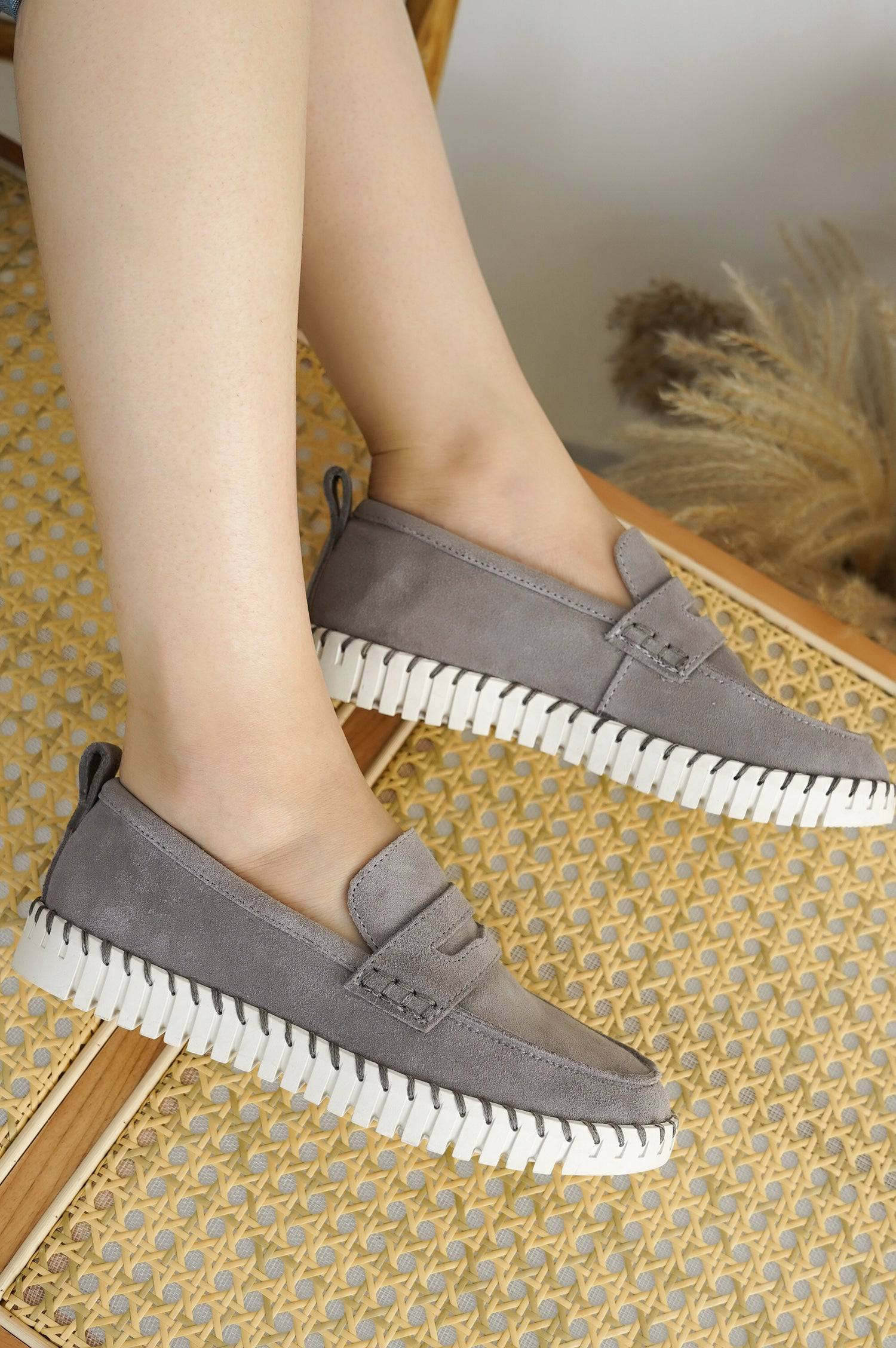 Project Cloud grey suede loafers for women, featuring a white non-slip sole, memory foam insole, and genuine leather.