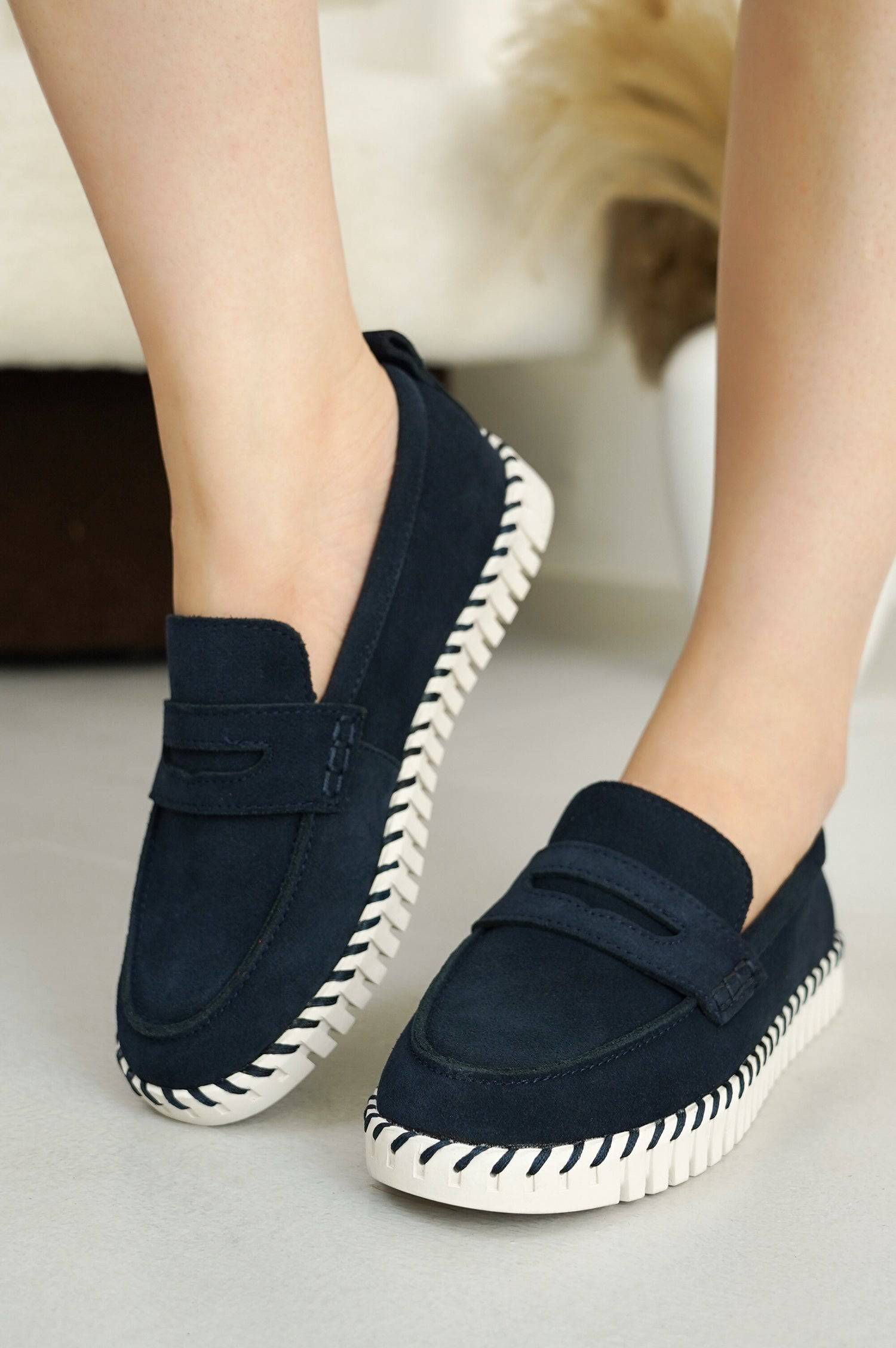 Navy suede Filide loafers for women with white sole and memory foam insole. Comfortable leather shoes