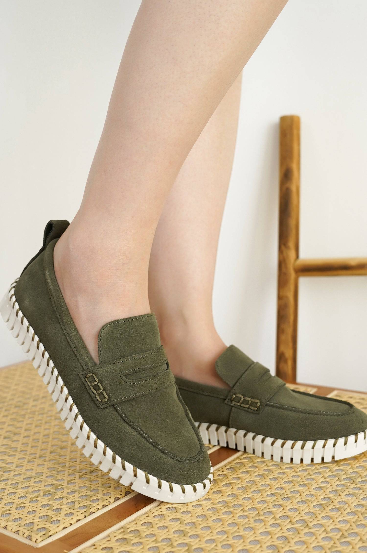 Green suede Filide loafers for women. Featuring memory foam insole, and non-slip sole for comfort.