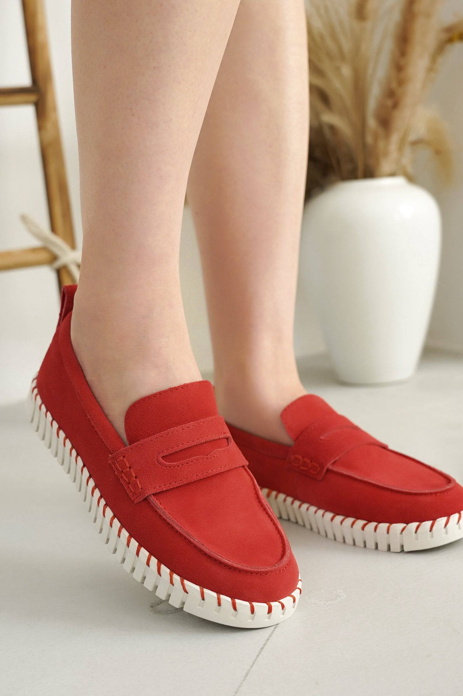 Red Filide Leather Loafers for Women. Featuring memory foam insole and non-slip sole for comfort.