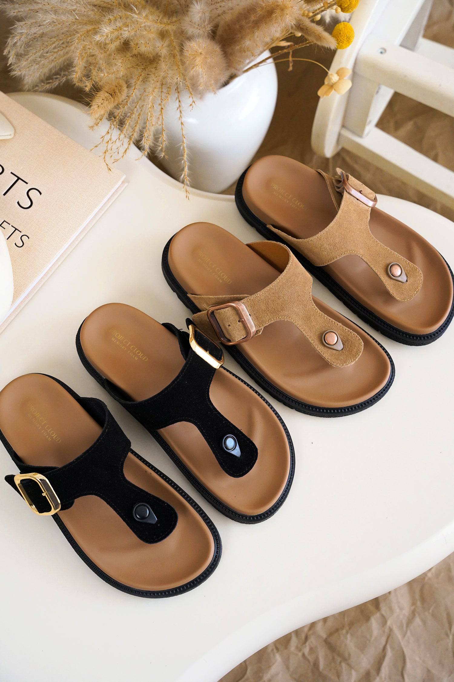 Project Cloud Freida Suede Platform Sandals in black and tan, adjustable buckle detail, memory foam insole, summer slipper.