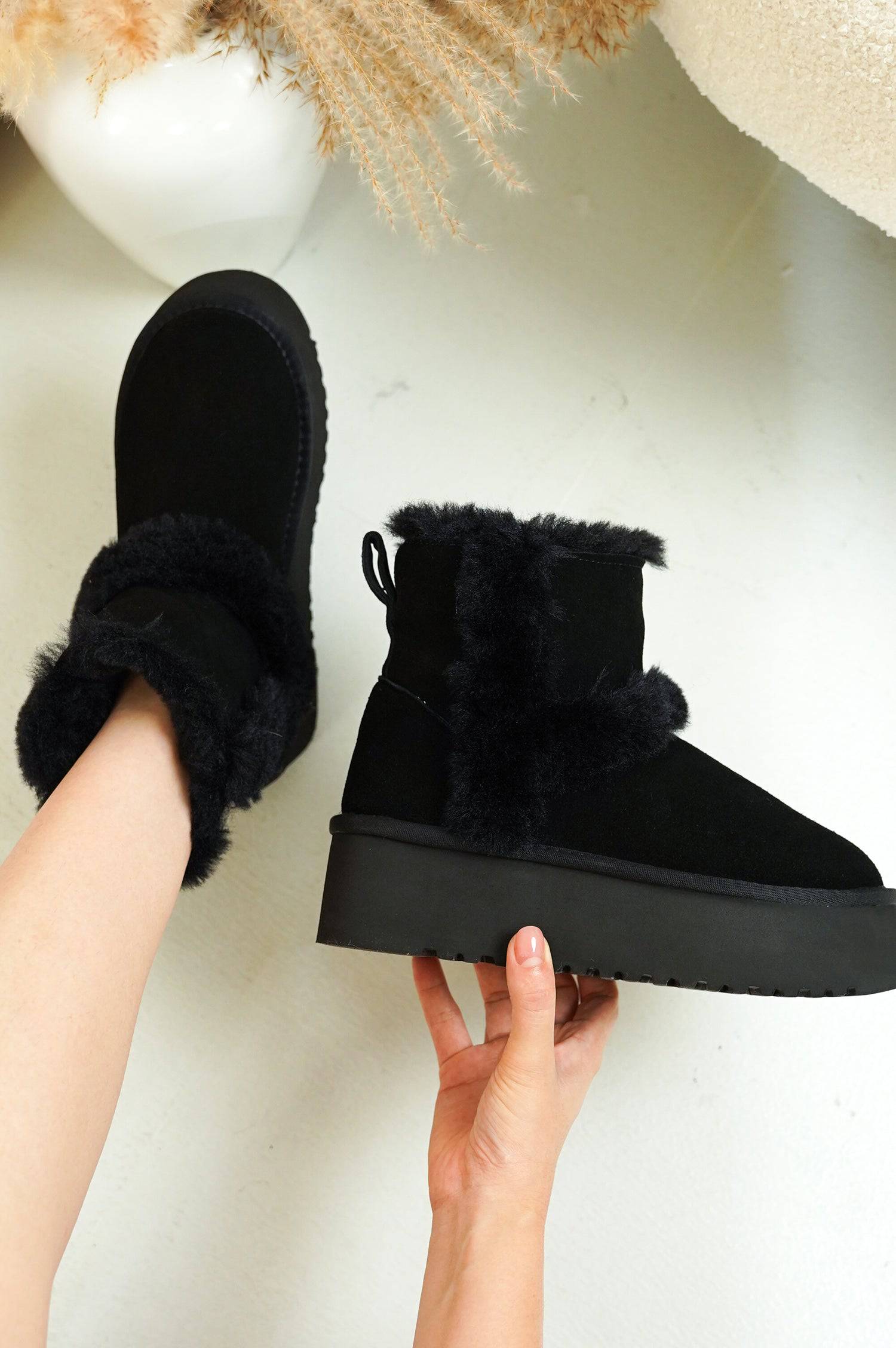 Project Cloud Furby Suede Boots in Black. Genuine suede with fur lining and a platform sole, stylish winter footwear.