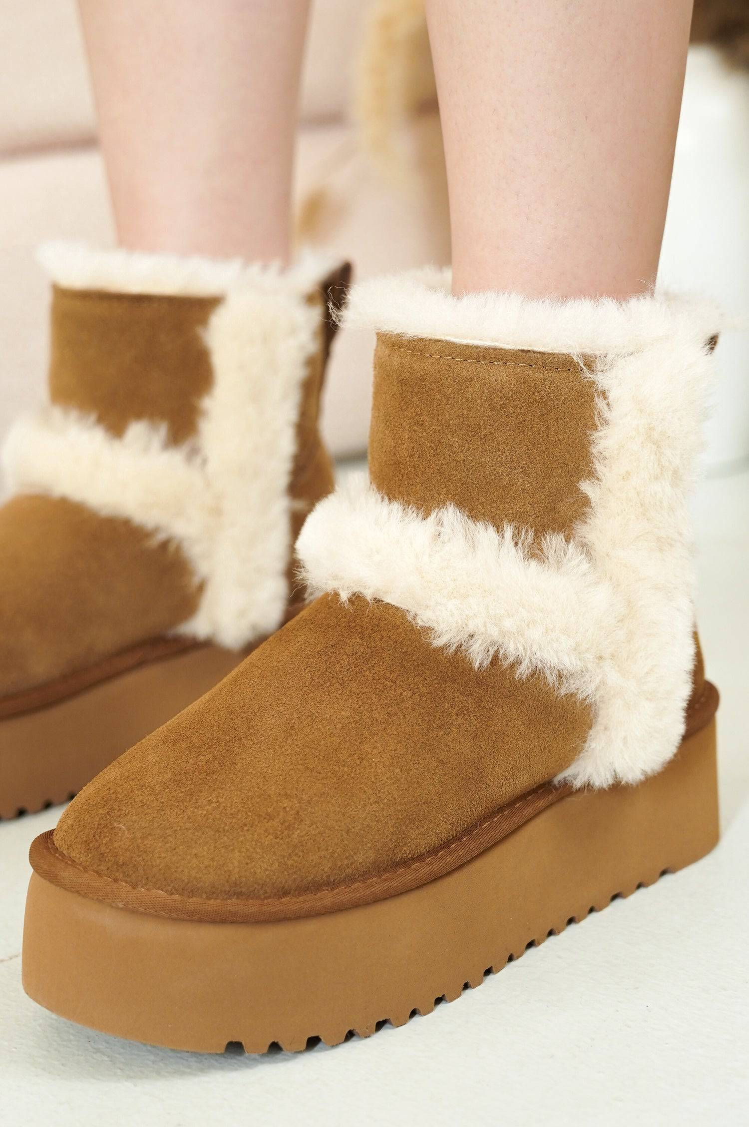 Project Cloud Furby Suede Boots in Tan: Genuine suede with plush fur lining and a platform sole for winter style and comfort.