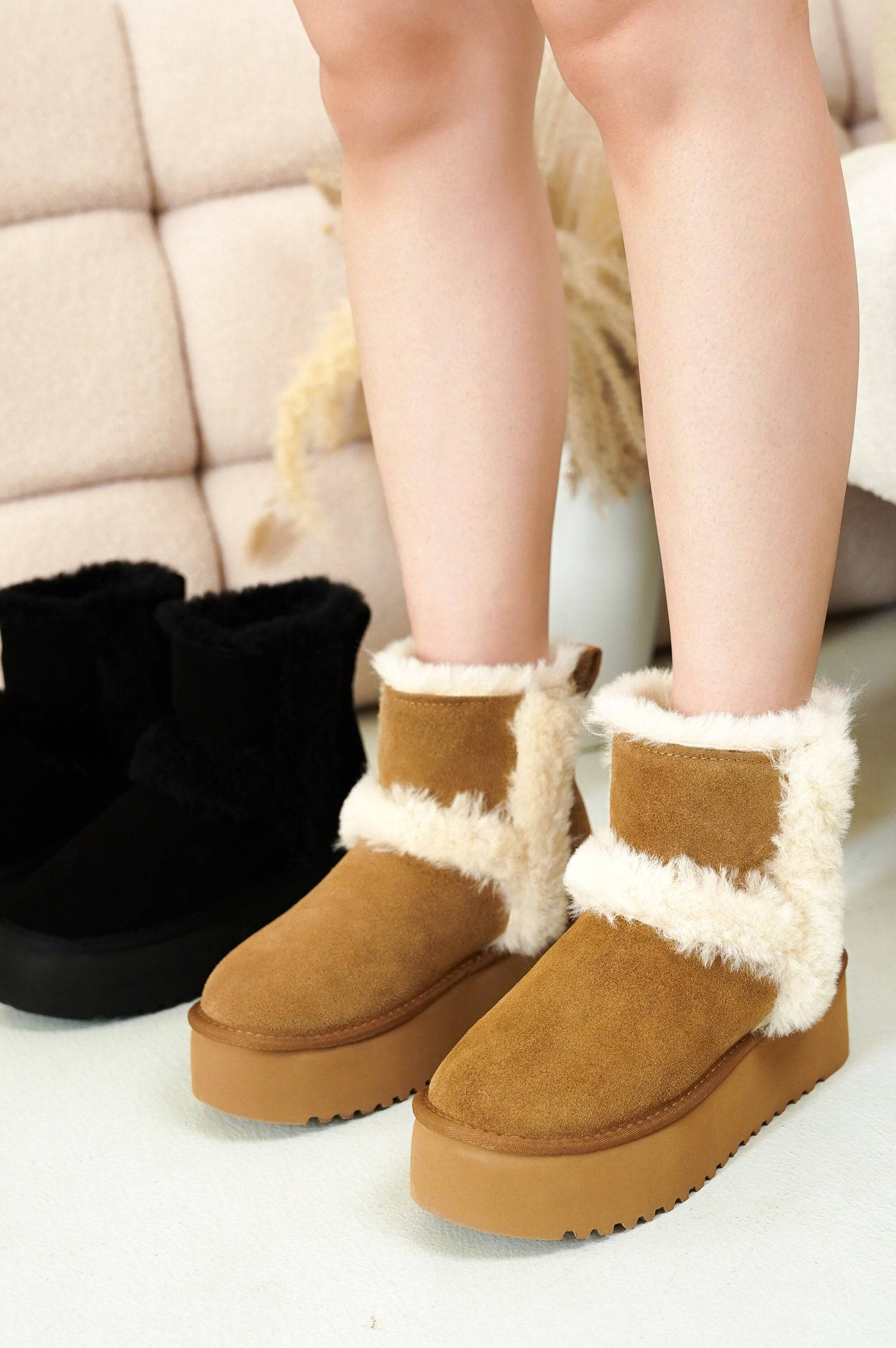 Project Cloud Furby Suede Boots in Tan with fur trim and platform sole, winter style.