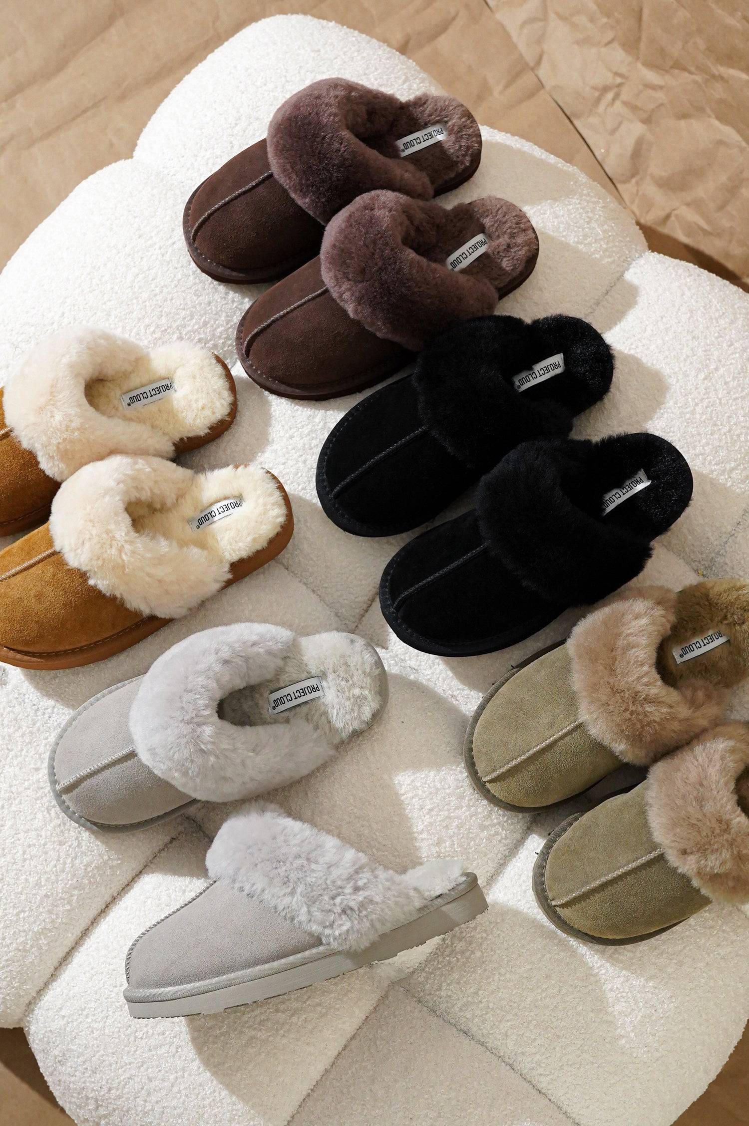 Project Cloud Henka Shearling Slippers: Genuine suede clogs in multiple colors.
