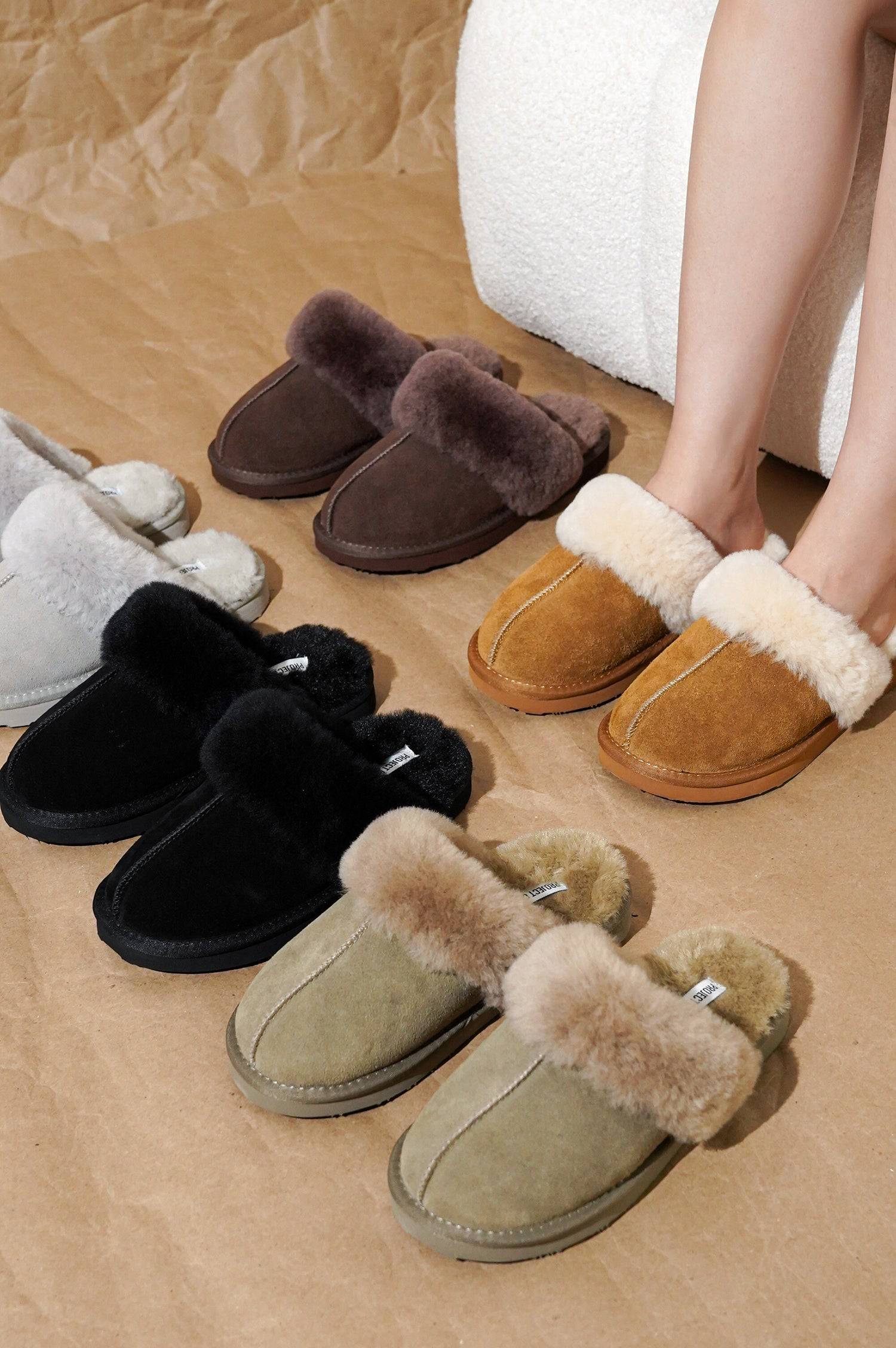 Project Cloud Henka Women's Shearling Slippers, genuine suede clogs, various colors, indoor/outdoor.