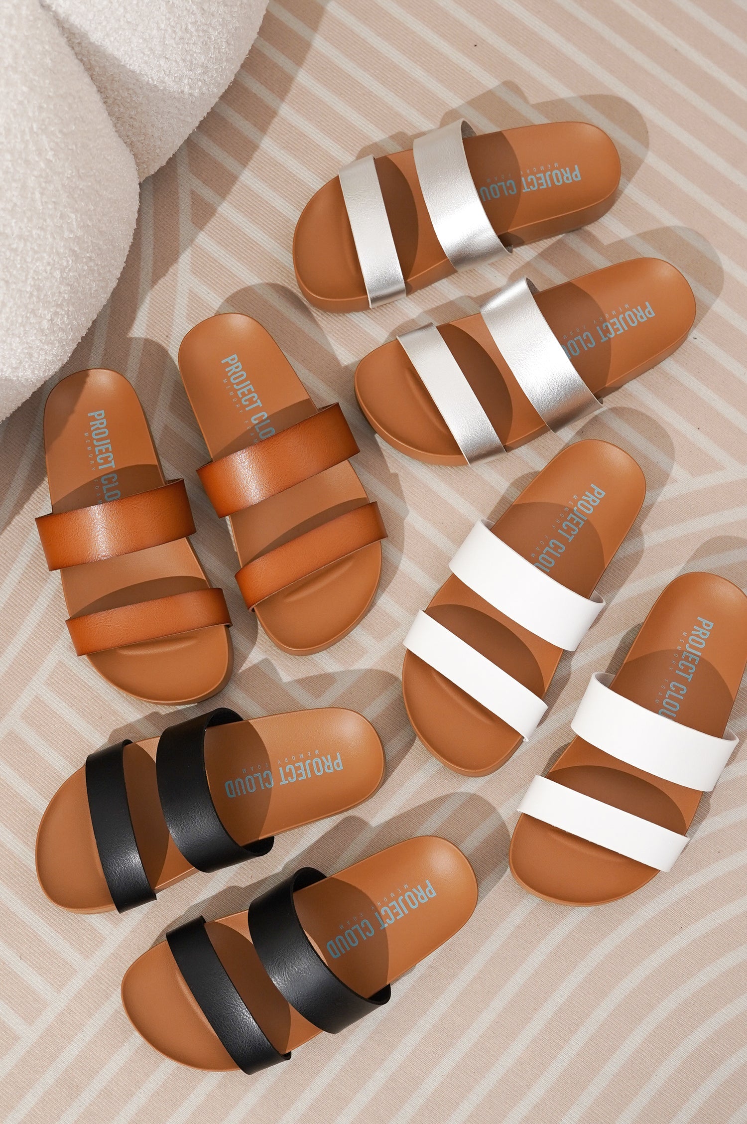 Project Cloud Hilltop sandals: vegan leather two-strap design, memory foam, in various colors.
