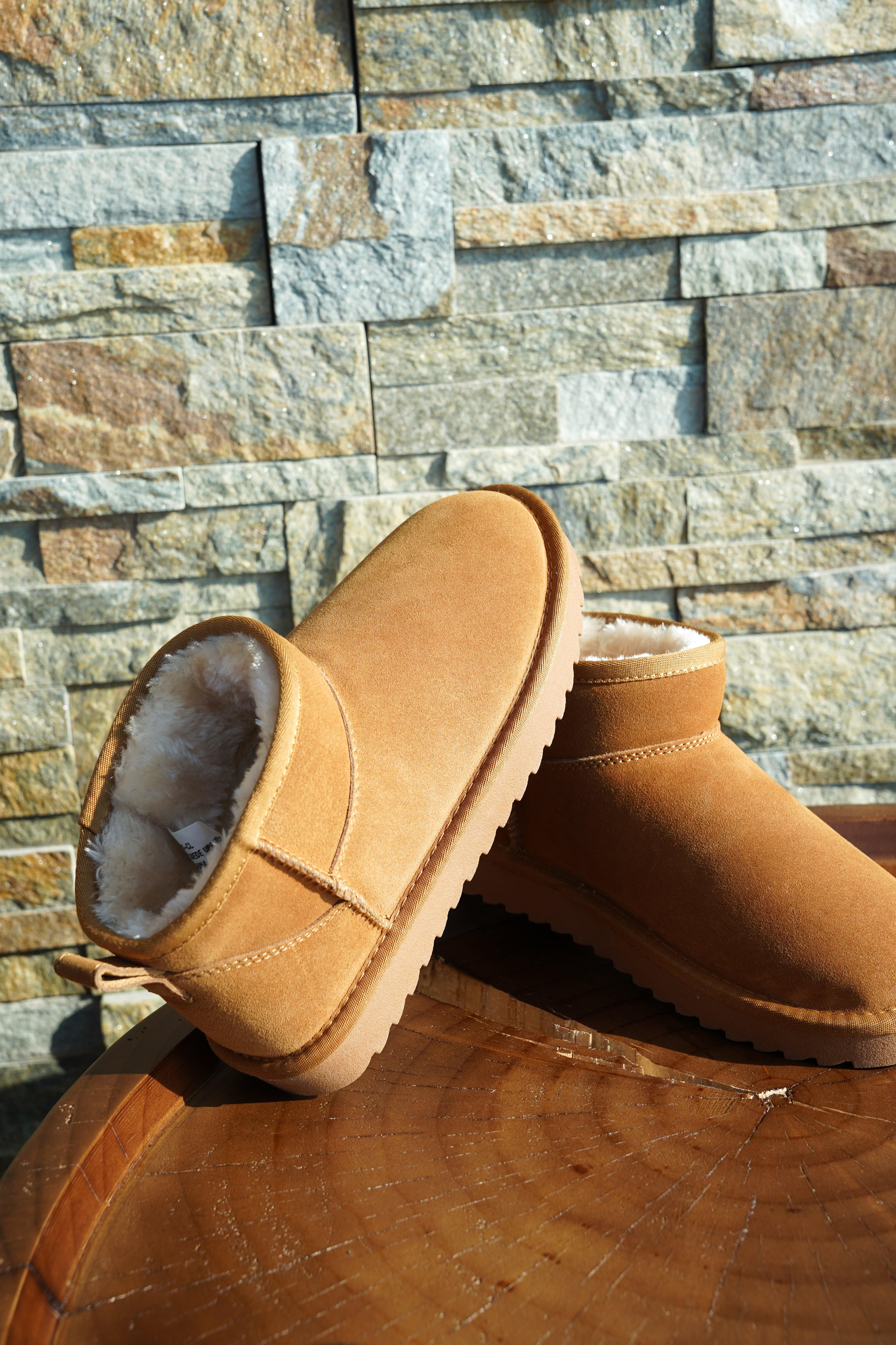 Brown suede Hippy ankle boots for women, water-resistant with faux fur lining, memory foam insole