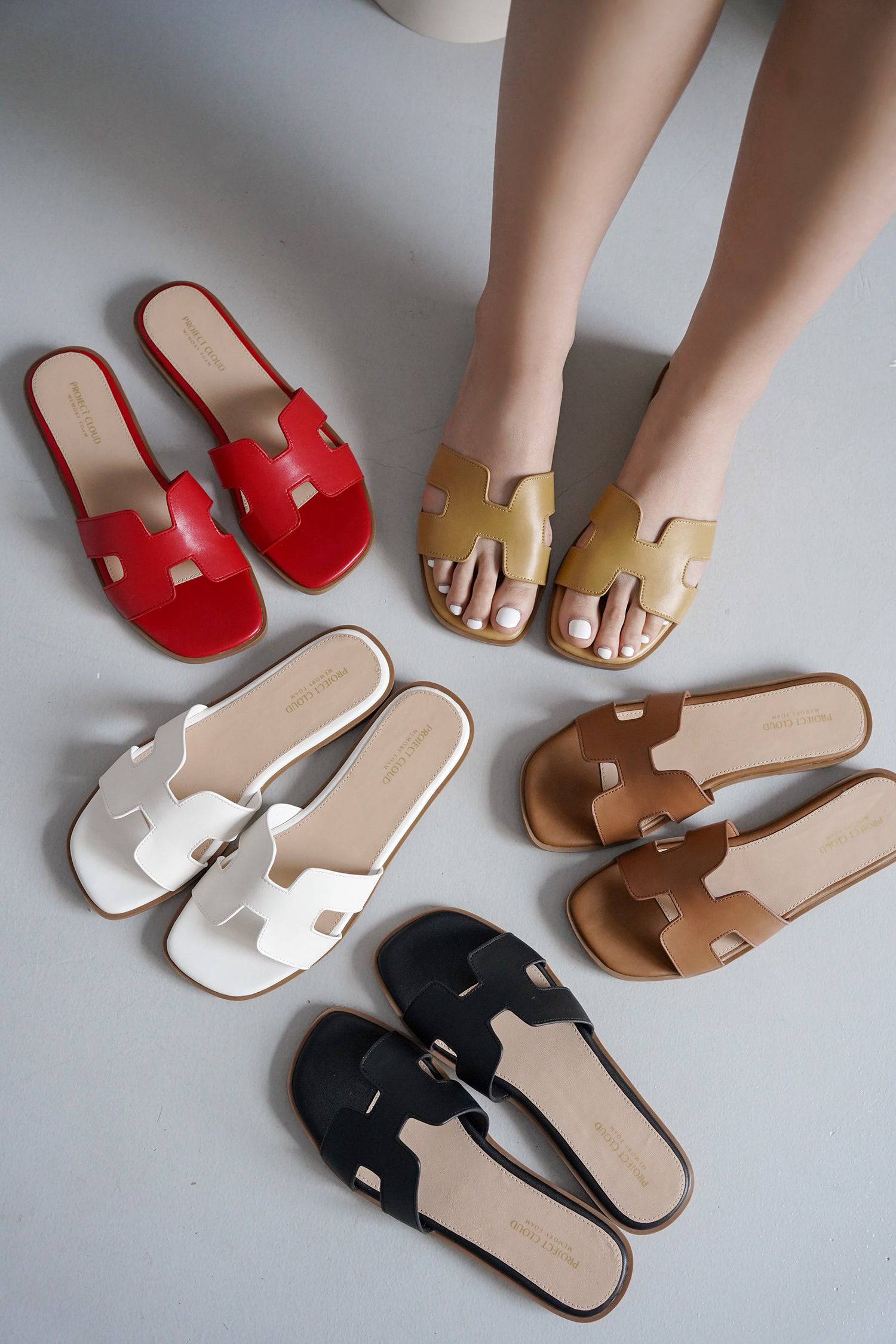 Project Cloud Jannel leather sandals: Red, white, black, brown, tan slides with memory foam for women.