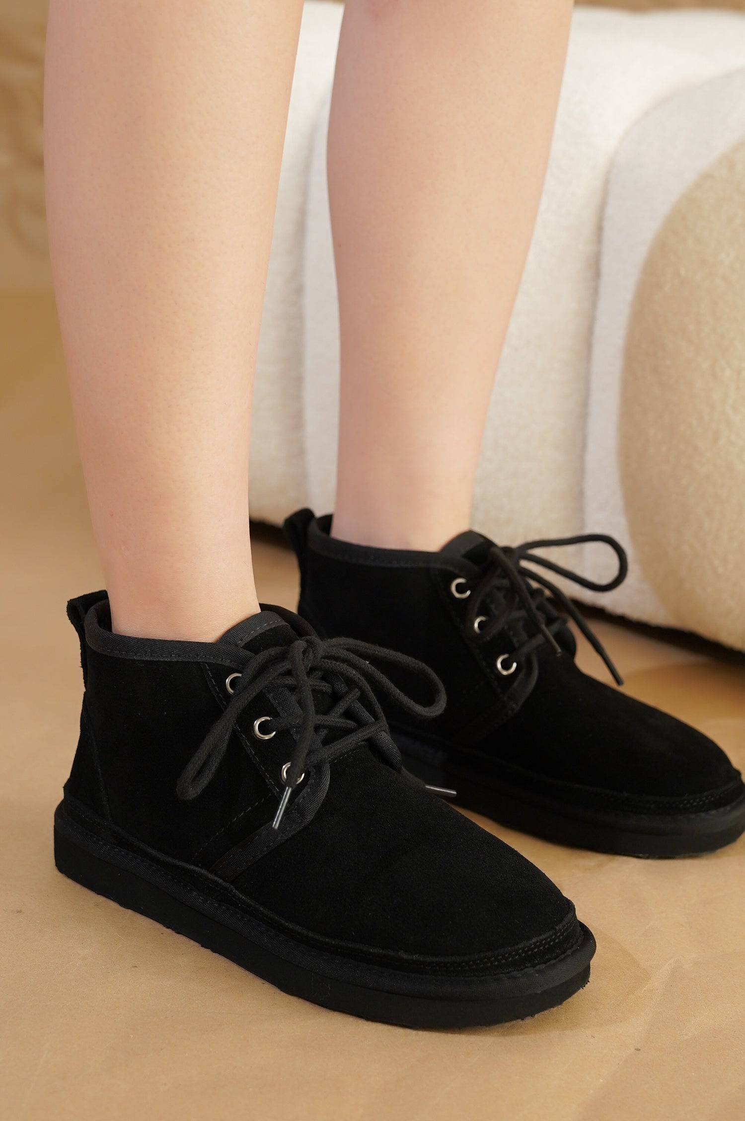 Project Cloud Julee black suede ankle boots for women with lace-up design and non-slip sole.
