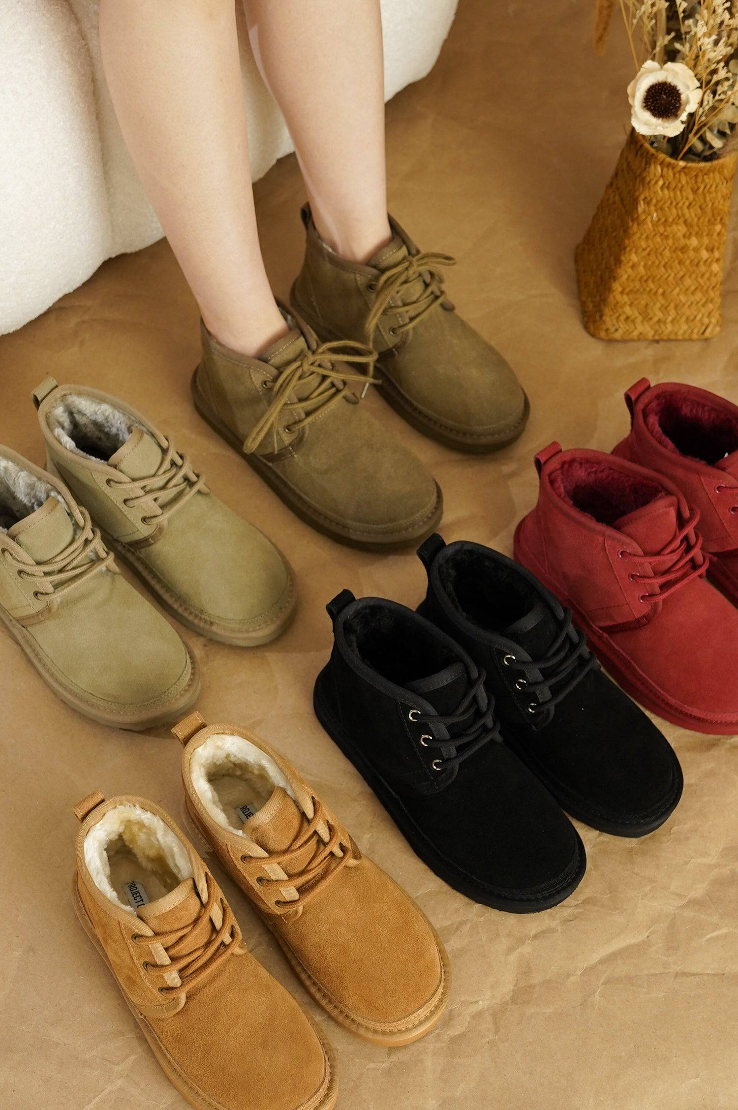 Project Cloud Julee suede ankle boots for women in multiple colors, including brown, red, and black, with fur lining.
