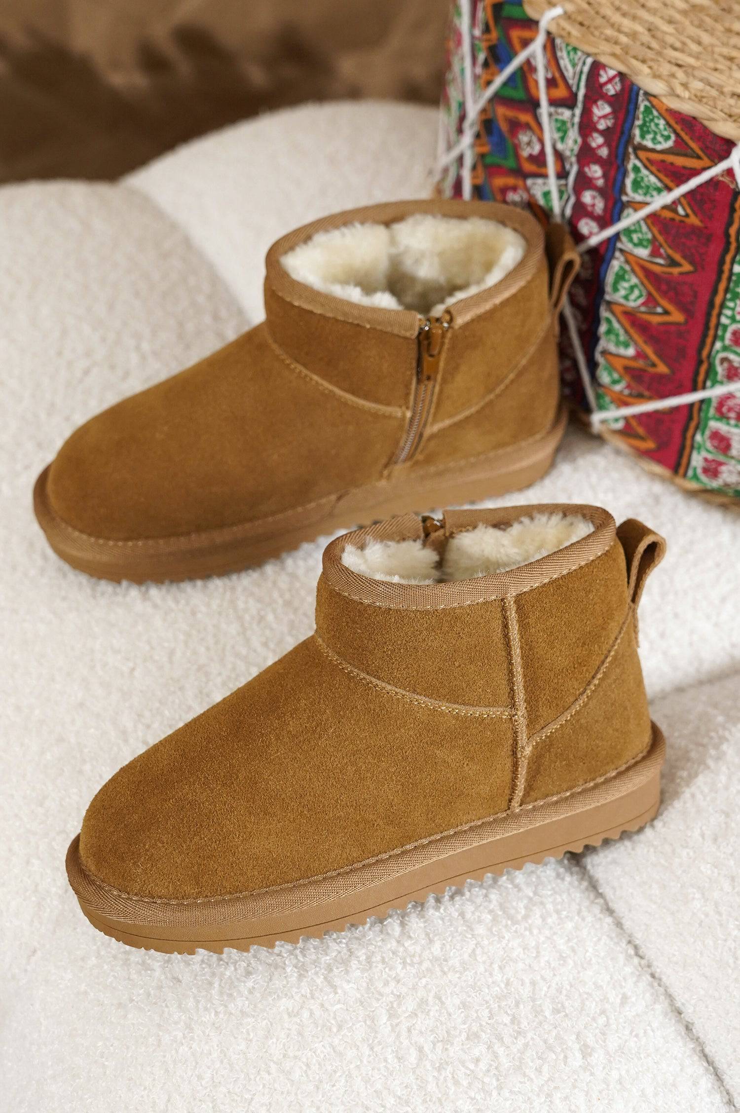 Project Cloud Julia Suede Boots: Brown suede winter boots with faux fur lining and side zipper.