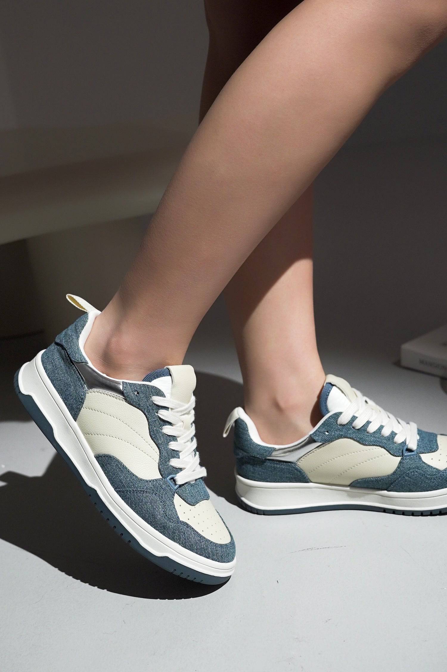Kiki Women's Denim and Cream Vegan Leather Sneakers. Lace-up design, memory foam, comfortable footwear.