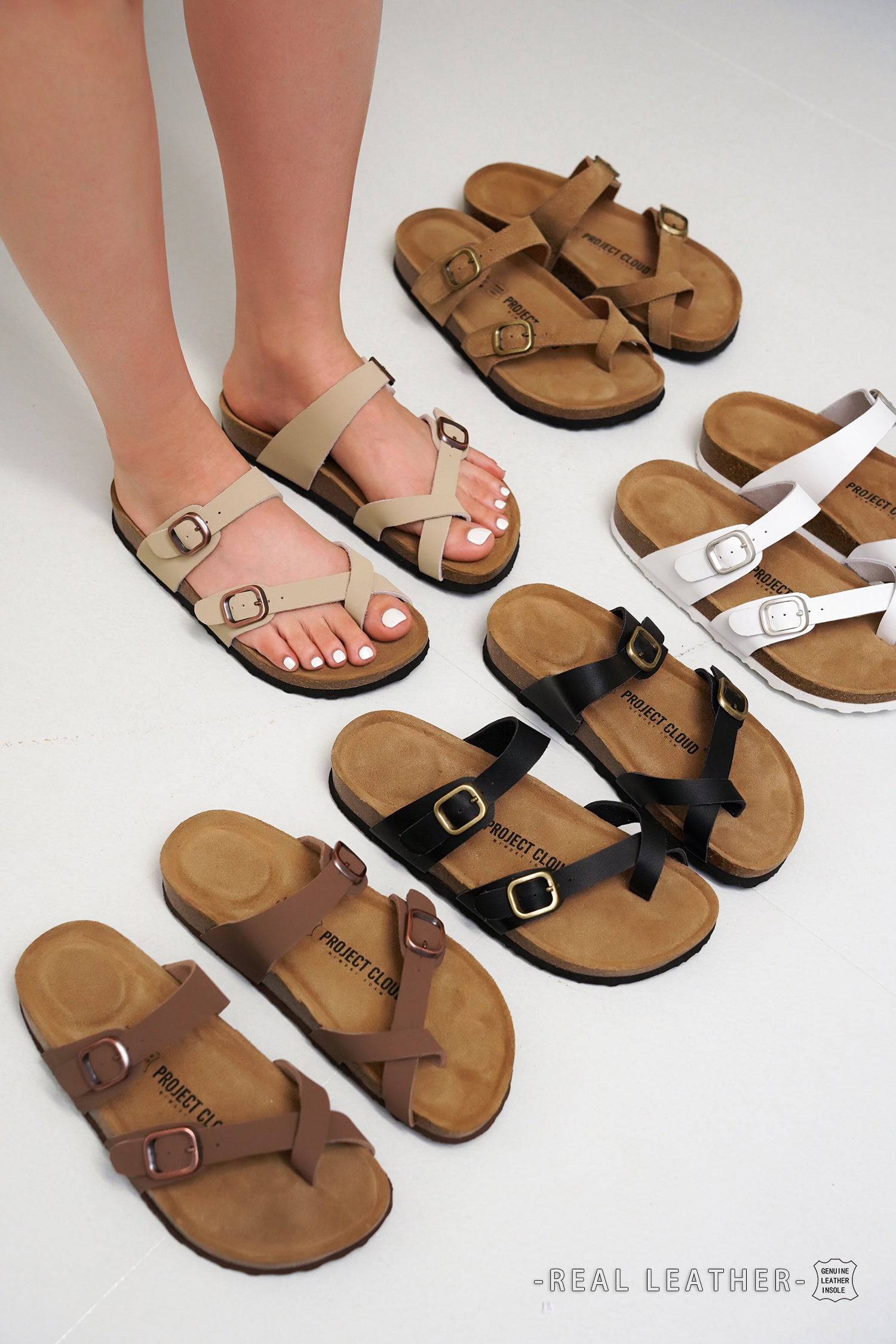 Project Cloud Lian sandals in leather and cork footbed, comfortable summer footwear.