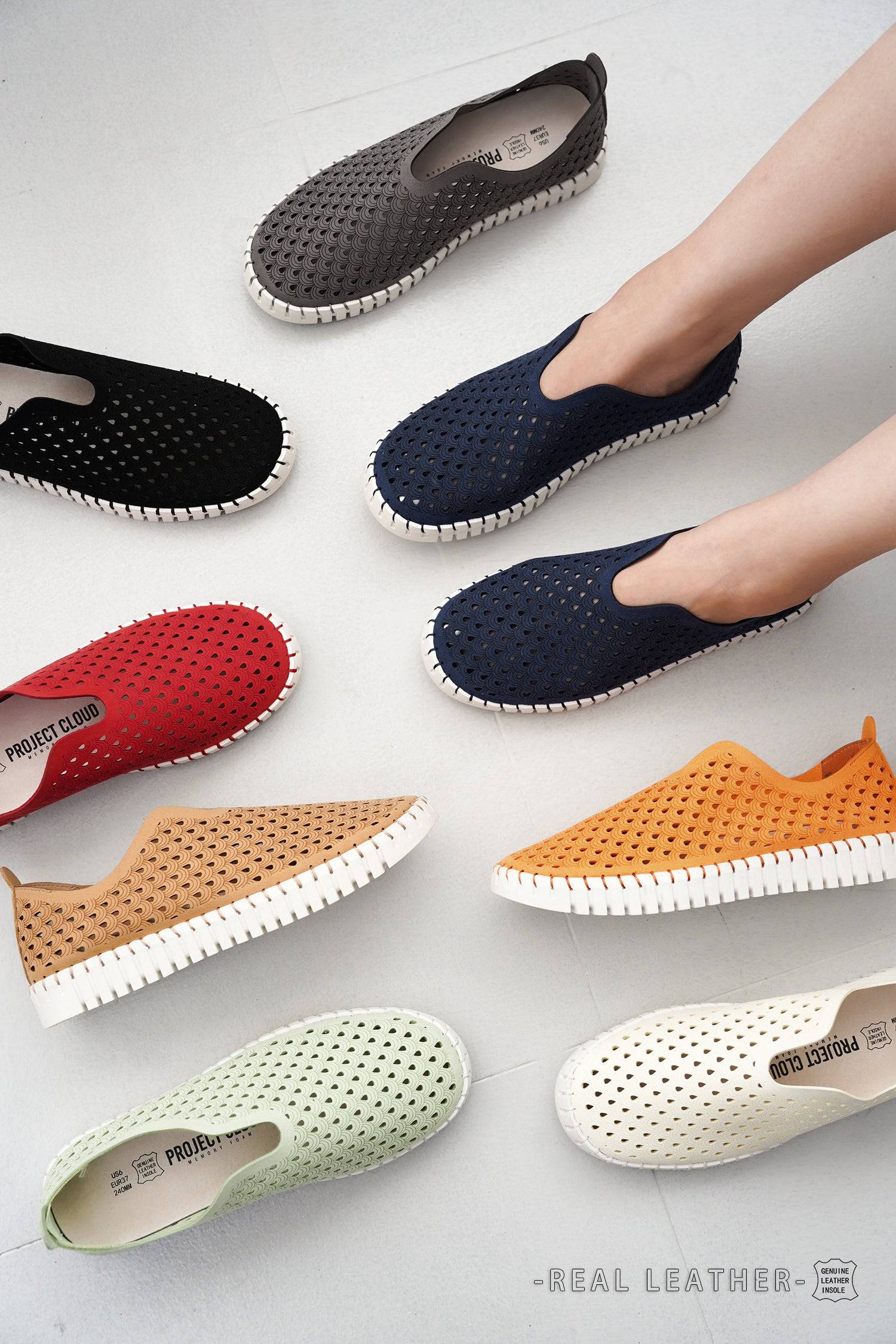 Lily loafers by Project Cloud: Women's perforated slip-on flats with leather insoles. Stylish and comfortable.