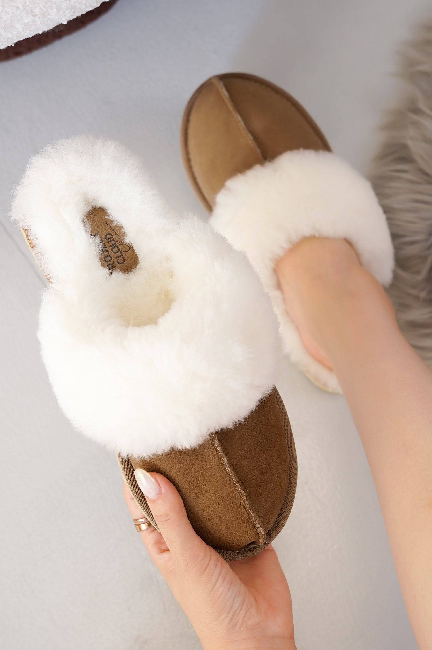 Lynsey slippers by Project Cloud, brown suede with sheepskin fur lining. Comfortable design.
