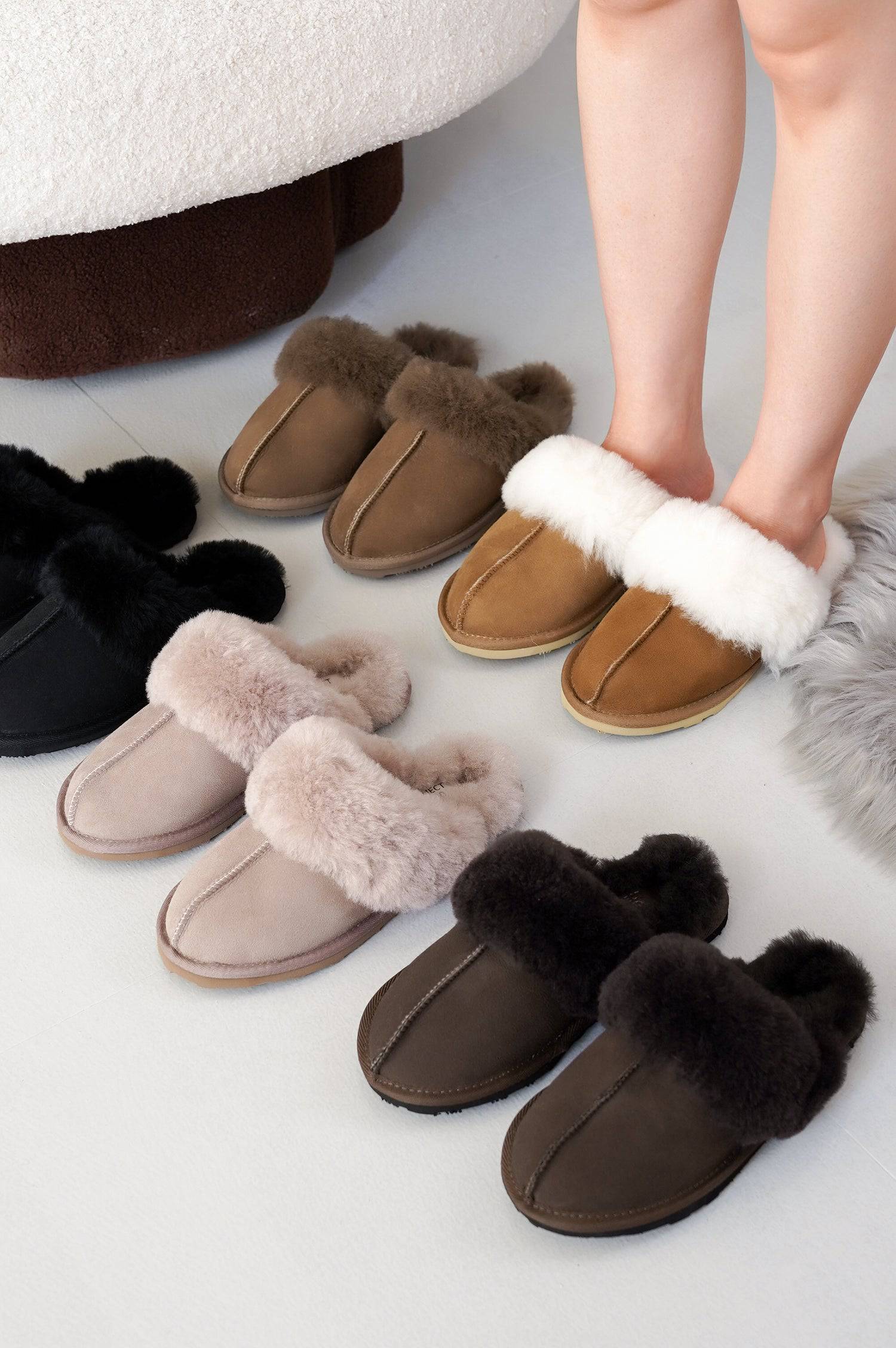 Project Cloud Lynsey Slippers: Brown, Black, Beige Suede with Sheepskin Lining, Comfort.