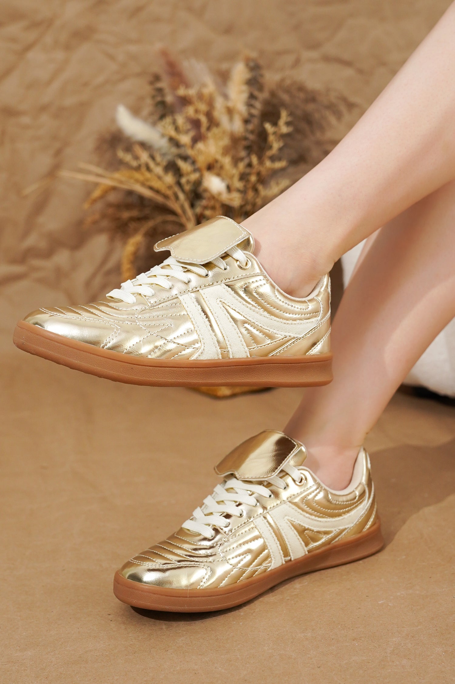 Gold vegan leather Madrid sneakers for women with memory foam, lace-up design and non-slip sole, Project Cloud