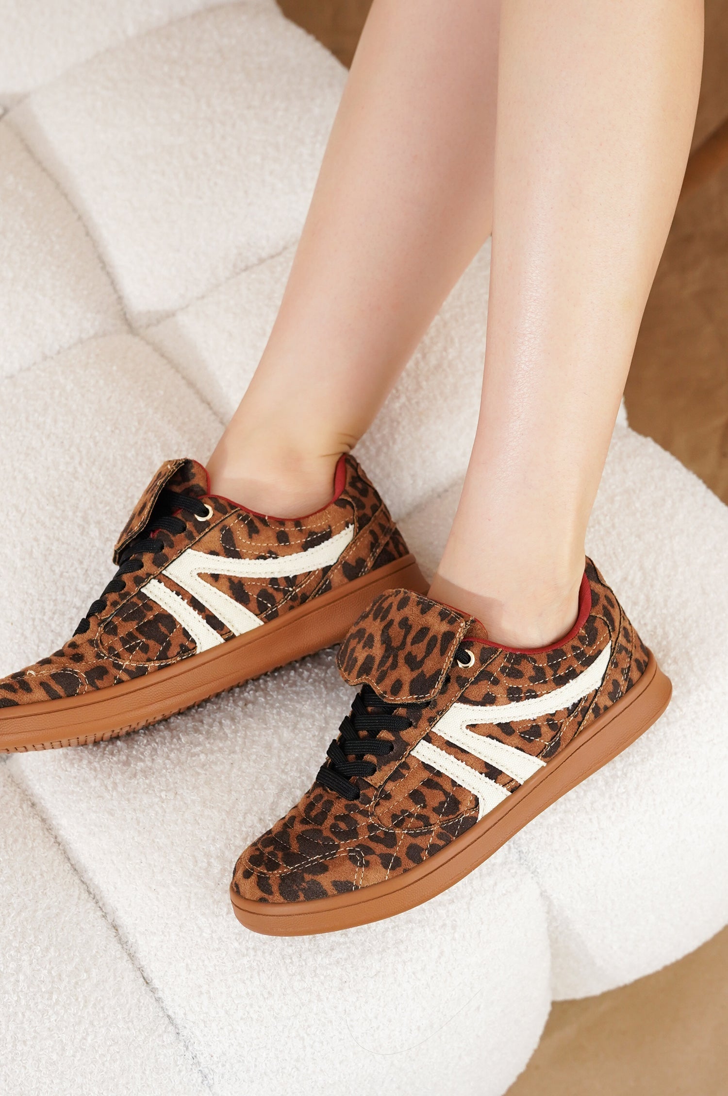 Leopard print vegan leather Madrid sneakers for women, memory foam insole, and non-slip sole. Lace-up design