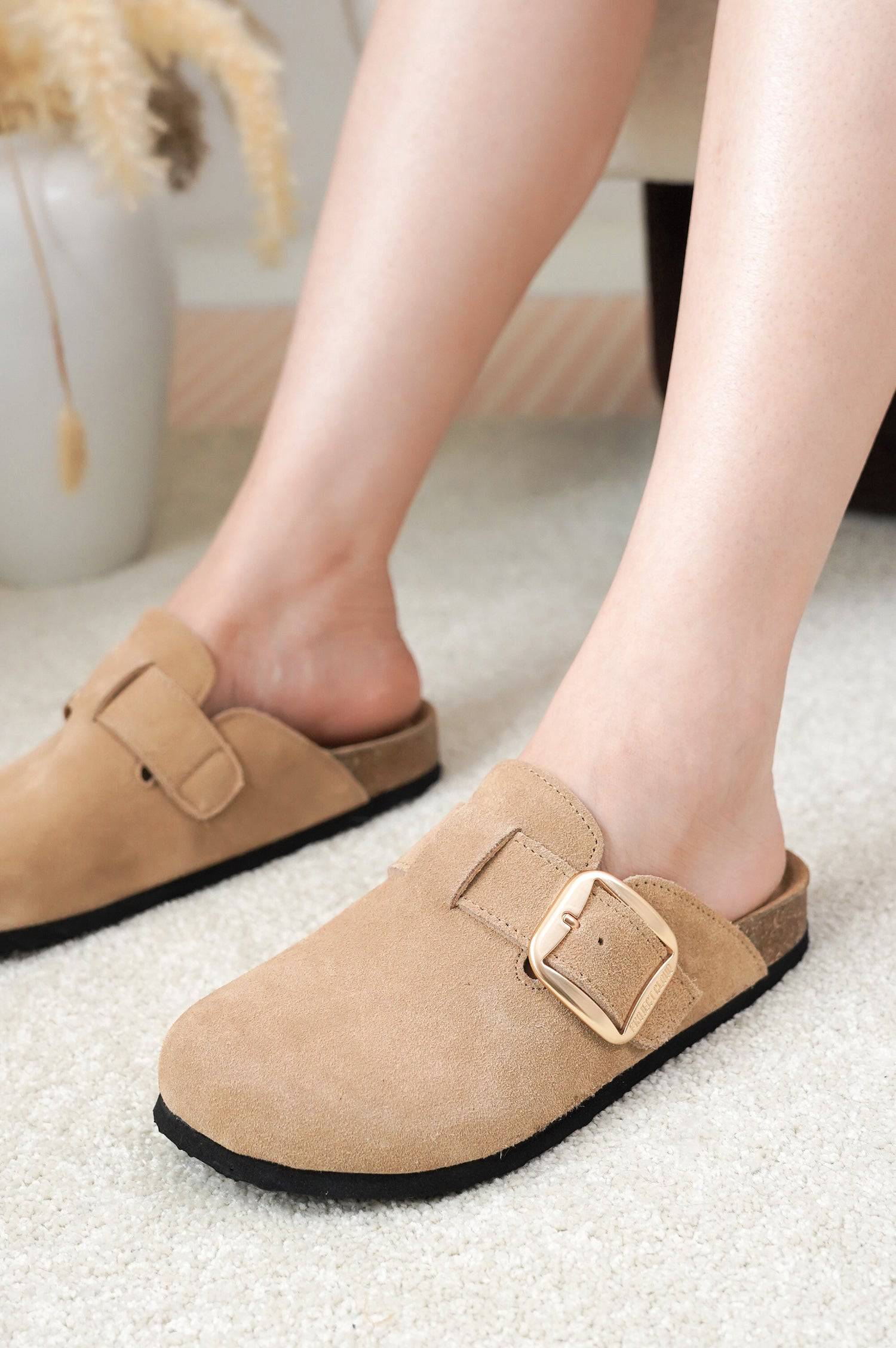 Project Cloud Manchester clogs in tan suede with gold buckle. Stylish and comfortable slip-on clog.