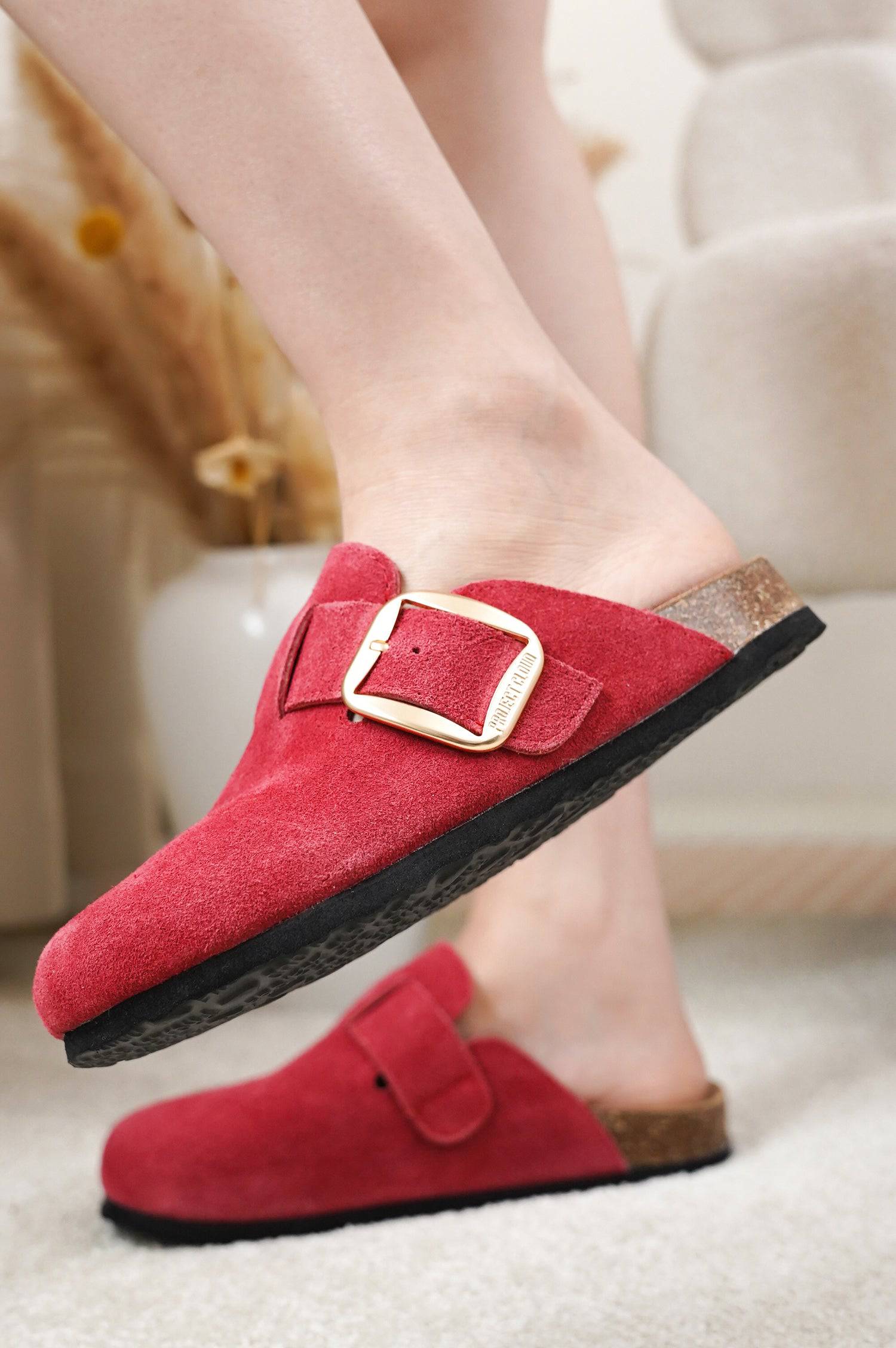 Project Cloud Manchester clogs for women in red suede with gold buckle detail, memory foam insole.