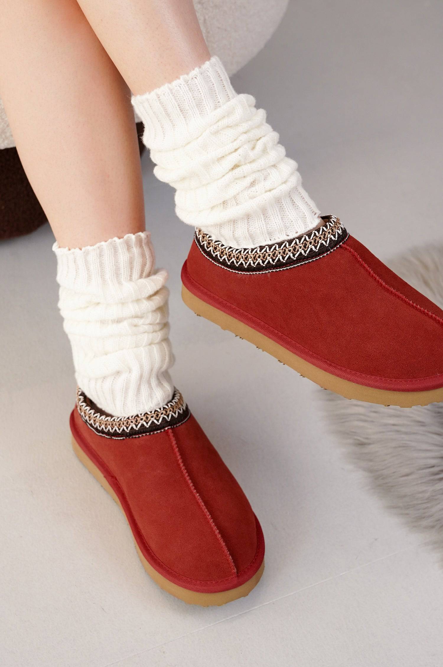 Project Cloud Nerita Slipper in red with leg warmers. Genuine sheepskin fur women's slipper, memory foam.