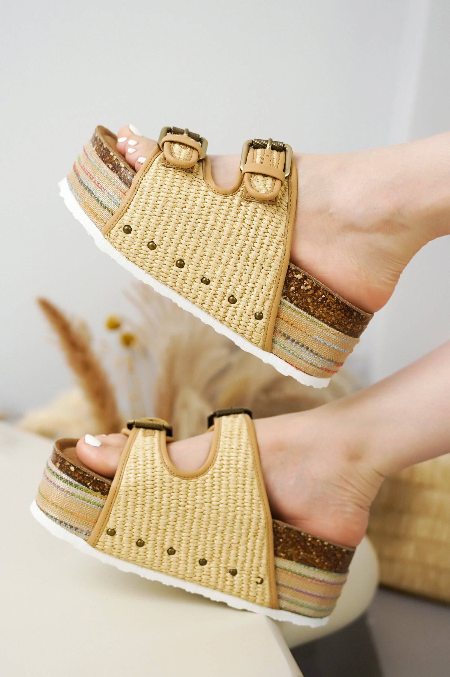 Project Cloud Oliy Beige Raffia Platform Sandals with Adjustable Buckles for Women