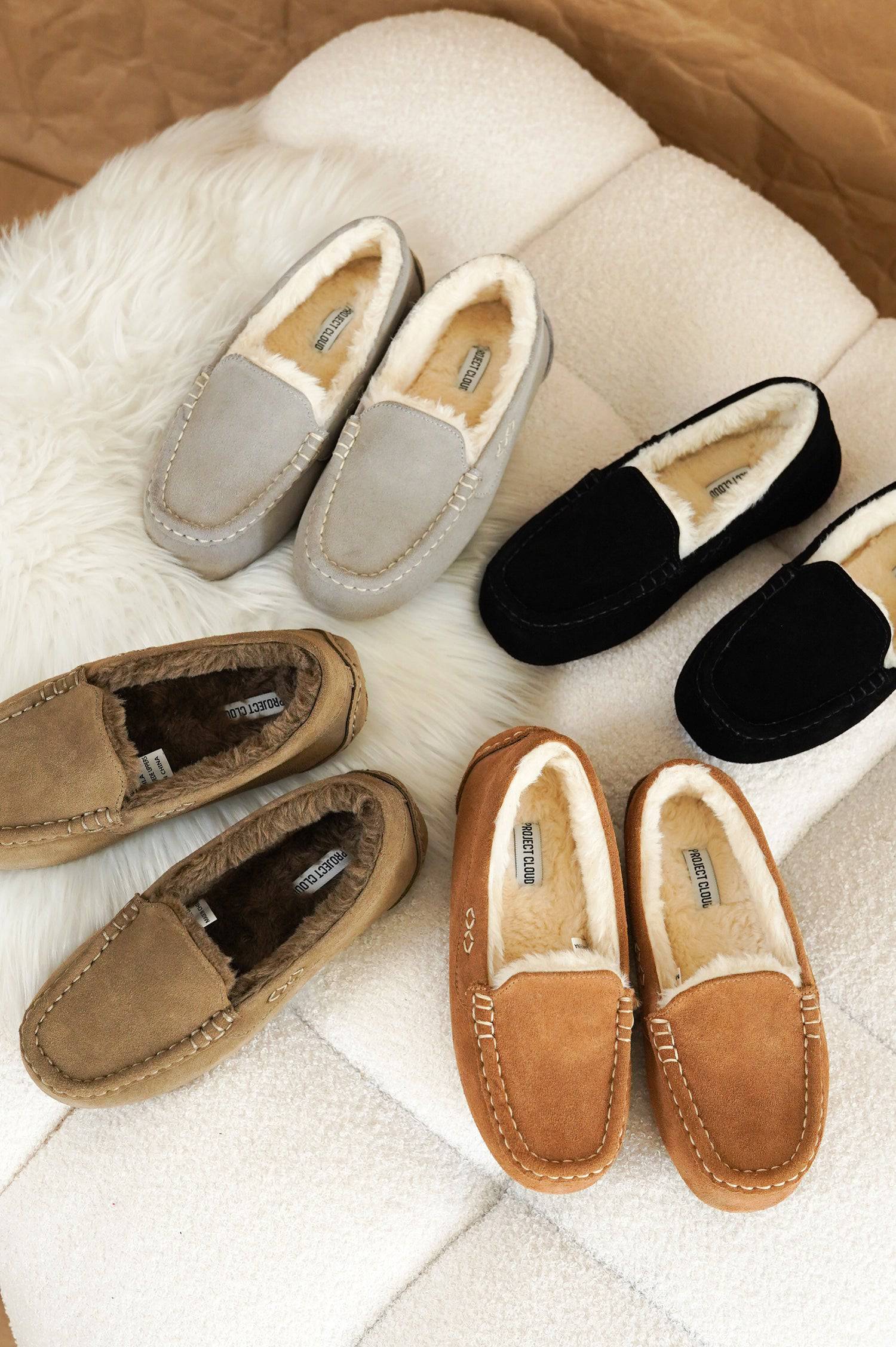 Project Cloud men's Oswin suede slippers in various colors with sheep fur lining. Comfortable moccasins for men.