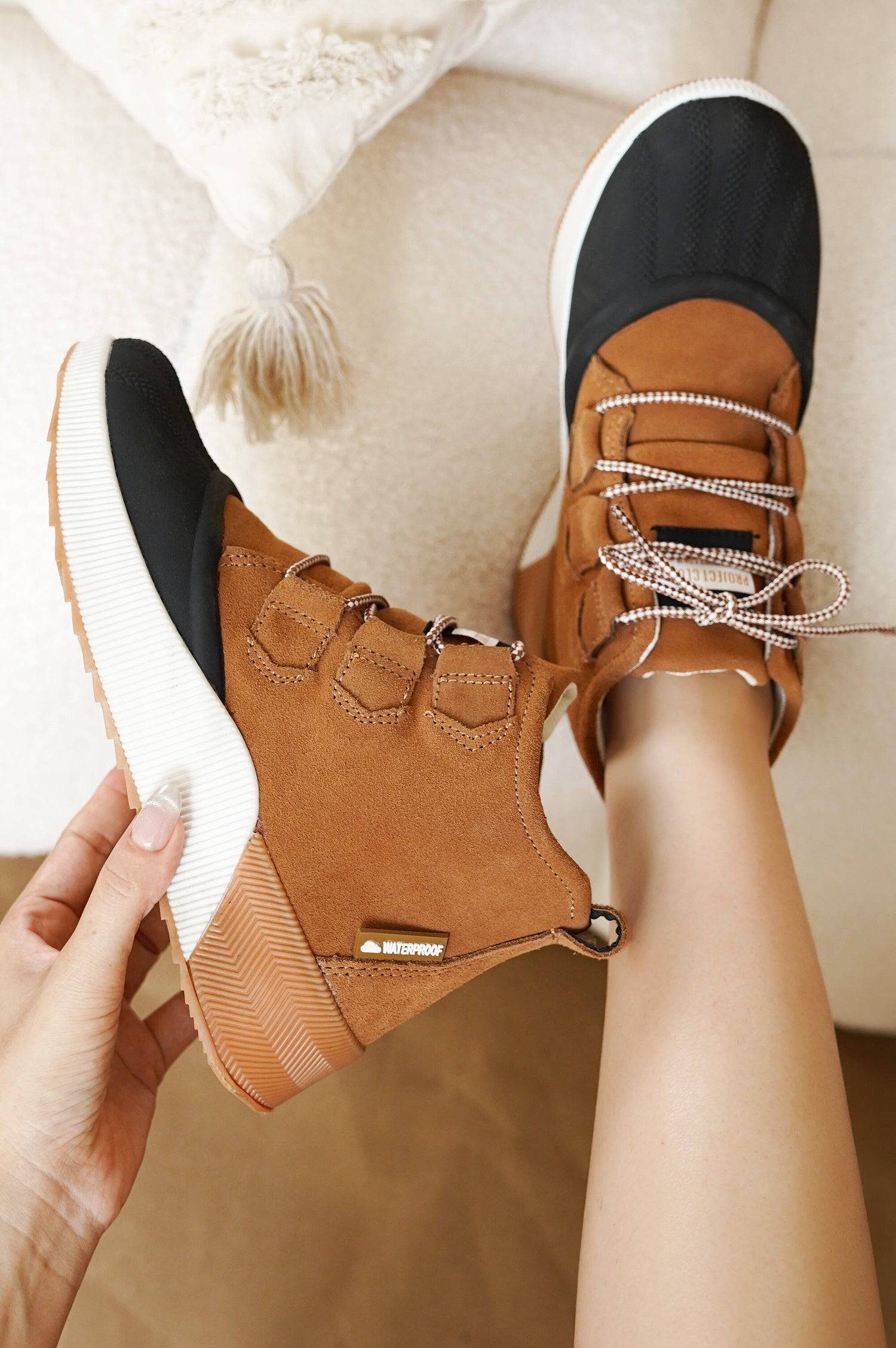 Project Cloud Rhianon waterproof snow boots in brown suede with black toe and white sole, winter shoes