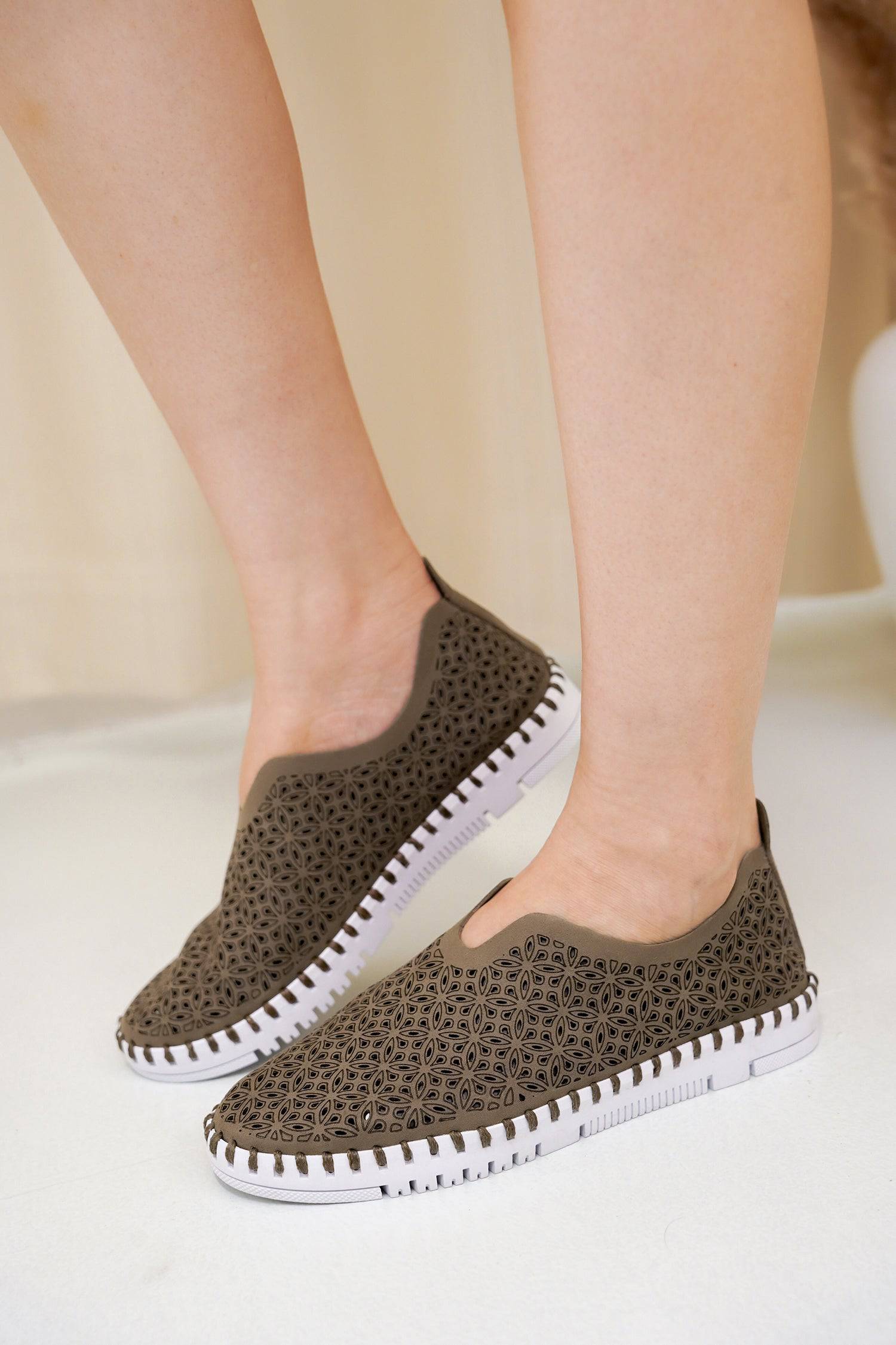 Olive green laser-cut slip-on sneakers for women with white sole, comfortable fit and breathable design, Project Cloud.