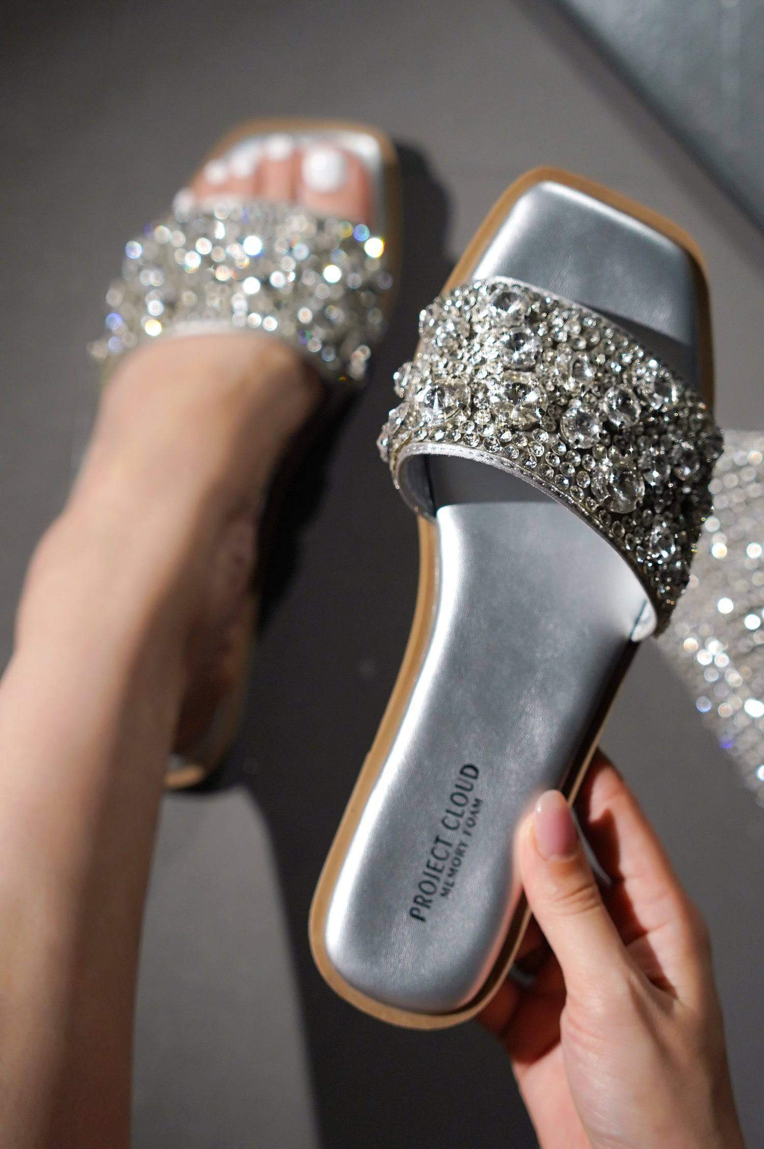 Project Cloud Rosemary Rhinestone Sandals, Silver slip-on flats, memory foam for women. Vegan leather.