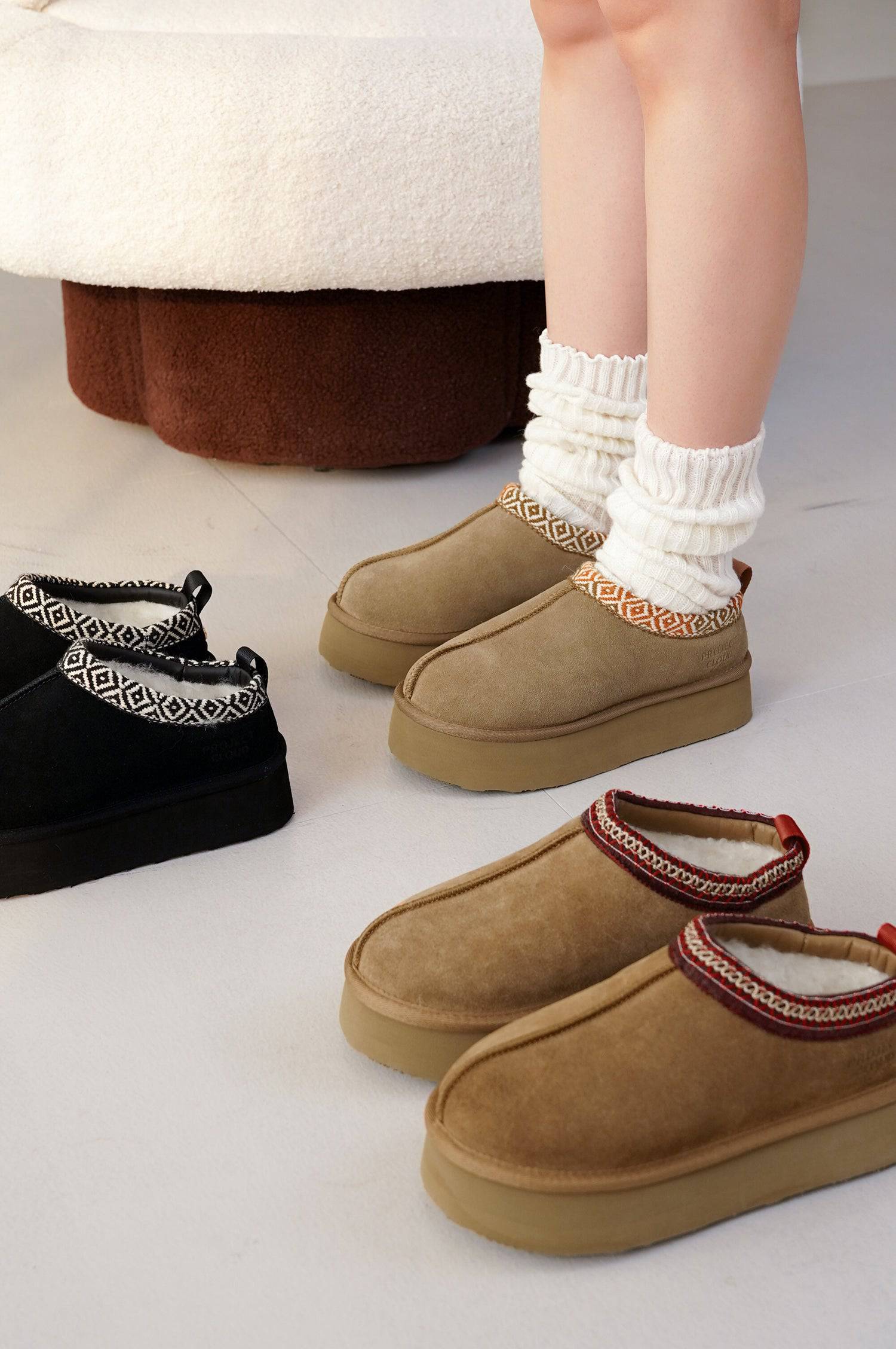 Women's brown suede Sayre platform slippers with geometric collar and faux fur lining, Project Cloud, featuring memory foam.